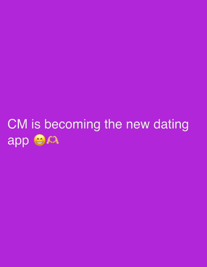 The image features white text on a purple background that reads "CM is becoming the new dating app." There are two emojis next to the text: a smiling face emoji and hands forming a heart shape emoji. The image provides no information regarding the city of Sofia, Bulgaria.