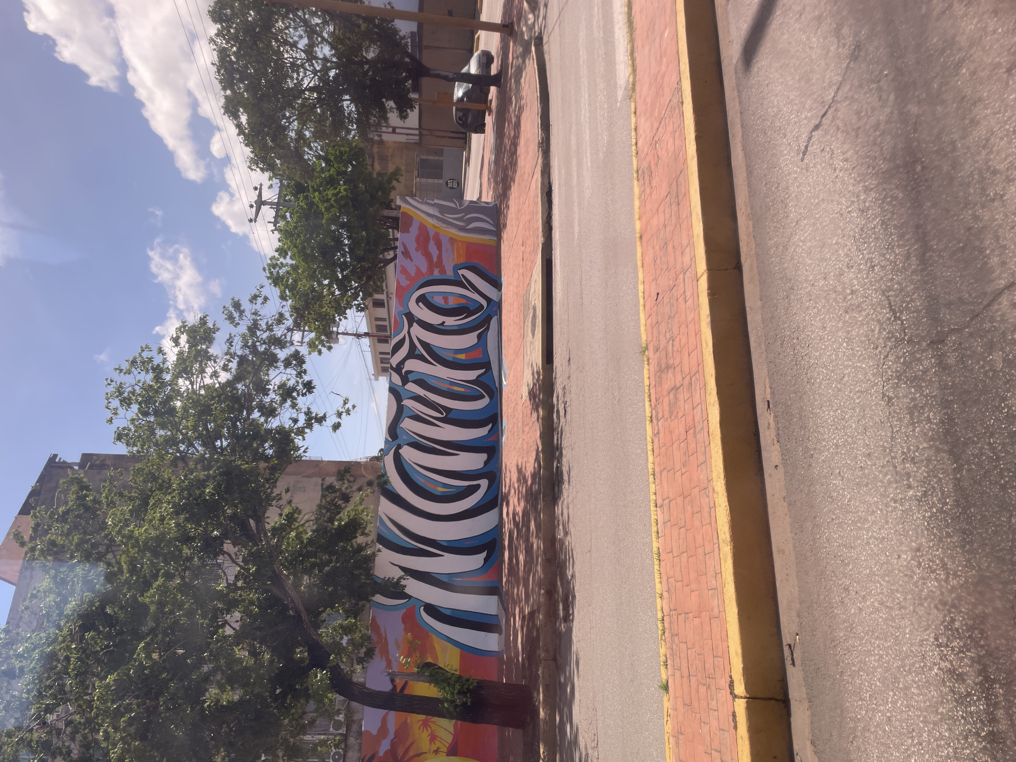 A photograph taken from a moving vehicle captures a wide shot of a street scene with a mural on a wall. The mural, centrally located, features large, stylized graffiti lettering in white, blue, and black, set against a colorful background of pink, orange, and purple, suggestive of a sunset with palm trees on the left. The wall is bordered by a sidewalk made of red brick with a yellow curb. A mature tree with green leaves stands to the left of the mural, casting a shadow on the sidewalk and street. Beyond the wall, buildings and more trees are visible, with a power line and blue sky with scattered clouds overhead. A dark-colored car is parked on the right side of the street. The overall scene depicts an urban environment during daylight.