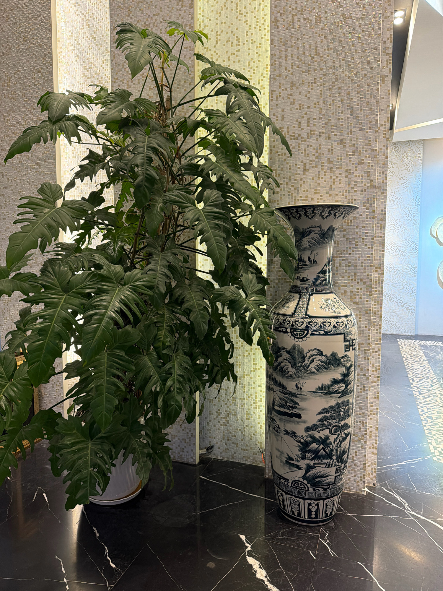 A tall, dark green philodendron plant with large, deeply lobed leaves stands in a white pot on a polished black marble floor. Next to the plant is a large, ornate porcelain vase decorated with blue and white Chinese landscape scenes. The background features a wall with a mosaic tile pattern in shades of beige and white, with vertical illuminated panels. The scene appears to be an indoor space, possibly a hotel lobby or a high-end commercial establishment in Nha Trang, Vietnam, given the mosaic tile work and elegant furnishings. There are no people visible in the image. The lighting is soft and diffused, creating gentle highlights on the polished surfaces.