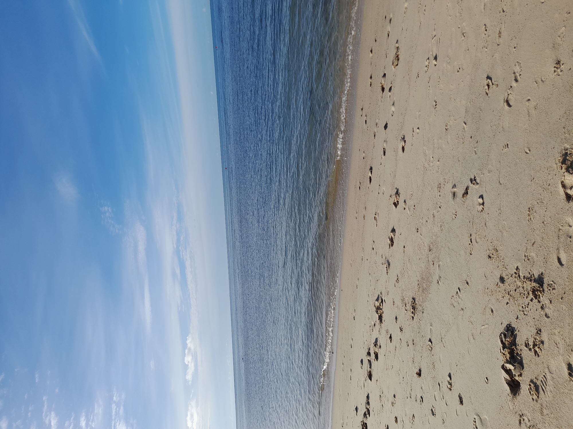 This is a photograph of a beach scene. The image is oriented vertically, with the sky on the left, the ocean in the middle, and the sandy beach on the right. The sky is a bright blue with scattered wispy white clouds. The ocean is a calm, deep blue with gentle waves lapping at the shore. The beach is covered in light-colored sand with numerous footprints visible. Some of the footprints appear to be from humans, while others are smaller and could be from animals. A few small pieces of debris, possibly seaweed or shells, are also present on the sand. There are no people or specific objects clearly visible in the scene. The overall impression is one of a peaceful, natural environment. The lighting suggests it is daytime, likely morning or afternoon, with clear weather. There is no visible text in the image.