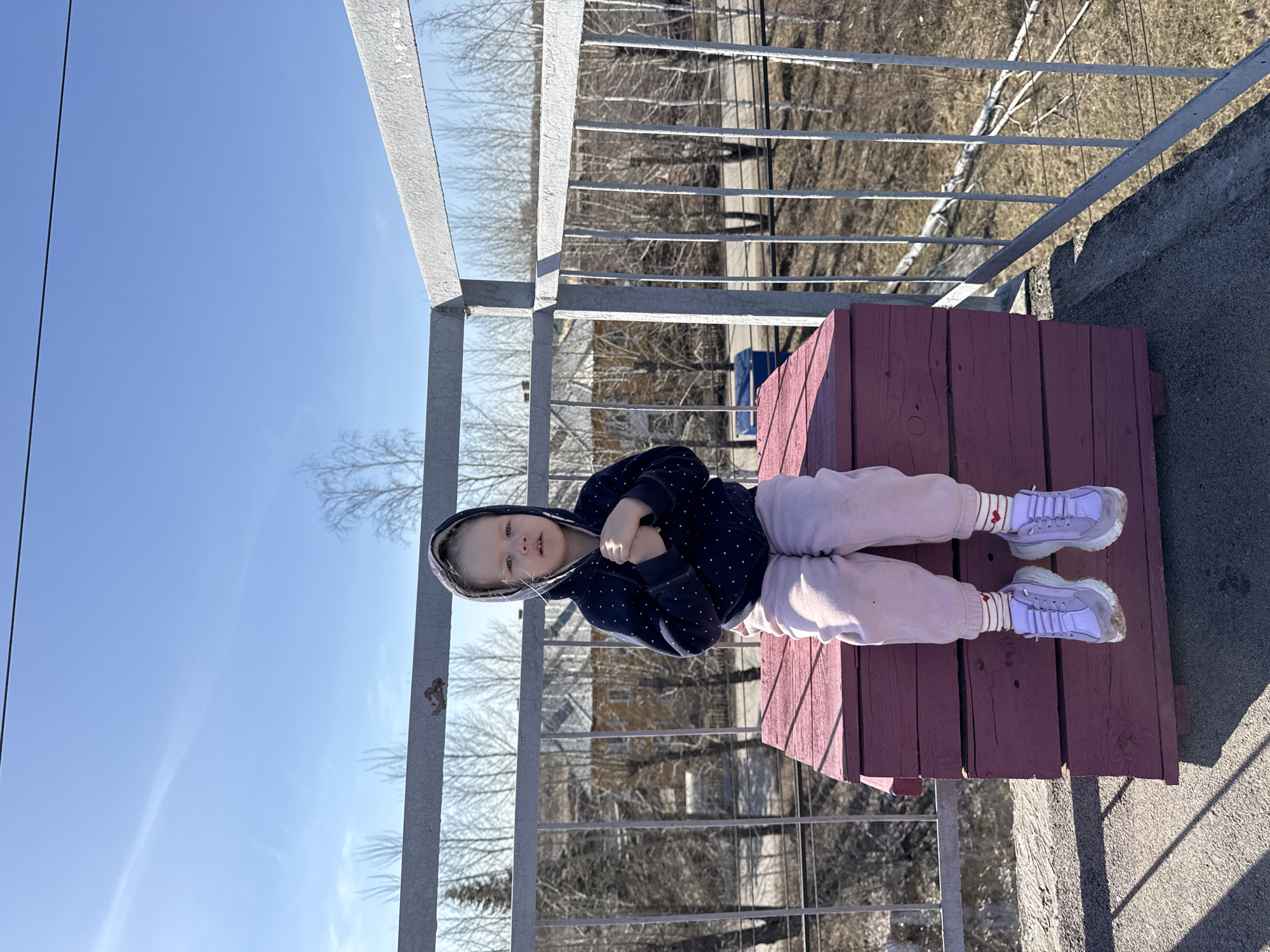 The image, originally oriented vertically, depicts a young child seated on a reddish-purple wooden platform under a clear blue sky. The child, likely a girl, wears a dark blue hoodie with white polka dots, light pink sweatpants, and light purple sneakers with white socks adorned with red hearts. Her blonde hair is partially visible under the hood, and she looks directly at the camera with a neutral expression, her hands clasped.
The platform is part of an elevated outdoor structure, possibly a balcony or rooftop, evident from the grey metal railings visible to the child's side and extending into the background. Beyond these railings, the landscape features numerous bare trees, suggesting late winter or early spring. Hints of a dirt road or path and distant structures can be seen through the trees. The bright sunshine creates distinct shadows, indicating midday conditions. The scene evokes a rural or semi-rural setting, aligning with the provided location context of 'Ферма, Russia'. No text is visible in the image.