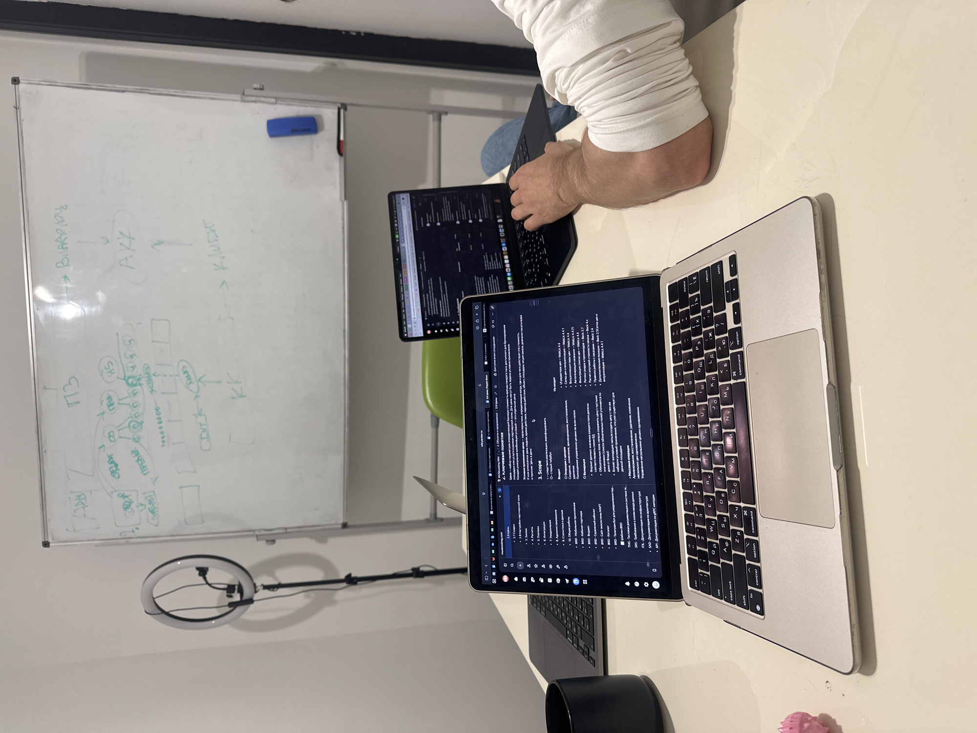 In a room that could be a home office or co-working space, two laptops are open on a light-colored table. One laptop, a silver MacBook, is positioned closer to the viewer, its screen displaying a document with various sections like "Scope" and "BRD". The other laptop, a dark-colored MacBook, is further away and positioned to the right, angled slightly. A person's right arm and elbow, wearing a white long-sleeved shirt, are visible near the second laptop, suggesting they are interacting with it.
In the background, a whiteboard is filled with handwritten diagrams and text in what appears to be Russian. Symbols and arrows suggest a flow of information or a process. To the left of the whiteboard, a ring light on a stand is set up. The room has plain white walls. The overall scene depicts a work or study session, possibly related to software development or project management, given the technical documentation visible on the laptop screen and the diagrams on the whiteboard. There are no specific visual cues that definitively place the location in Moscow, Russia, but the presence of Russian text on the whiteboard is a strong indicator.