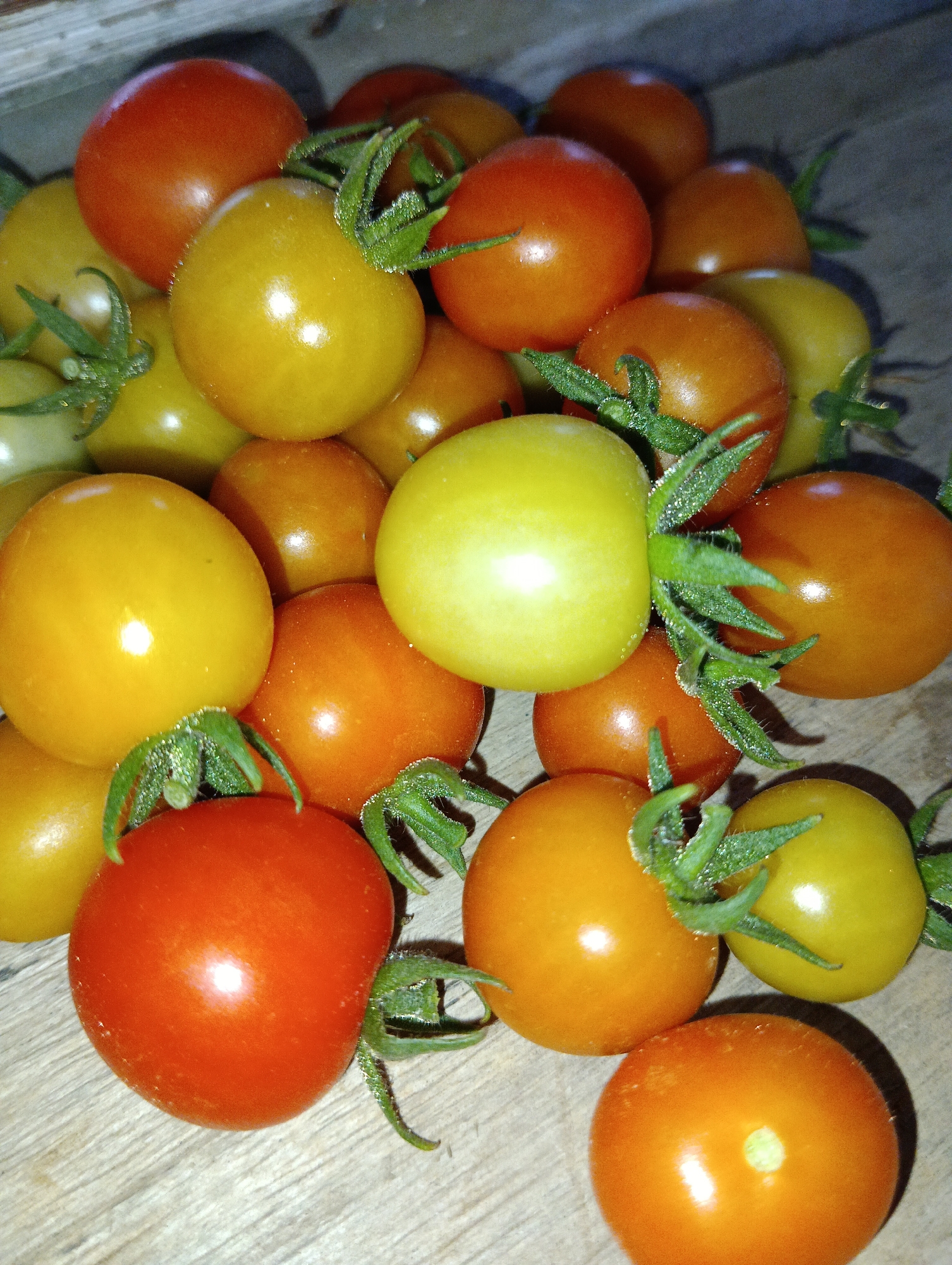 A pile of cherry tomatoes of varying colors, including red, yellow, and orange, are clustered together on a wooden surface. The tomatoes are small, round, and appear to be fresh, with some retaining their green stems and calyxes. The lighting suggests an indoor setting, with shadows cast by the tomatoes onto the wood. The image does not provide any information or context related to the city of Pematang Jaya, Indonesia.
