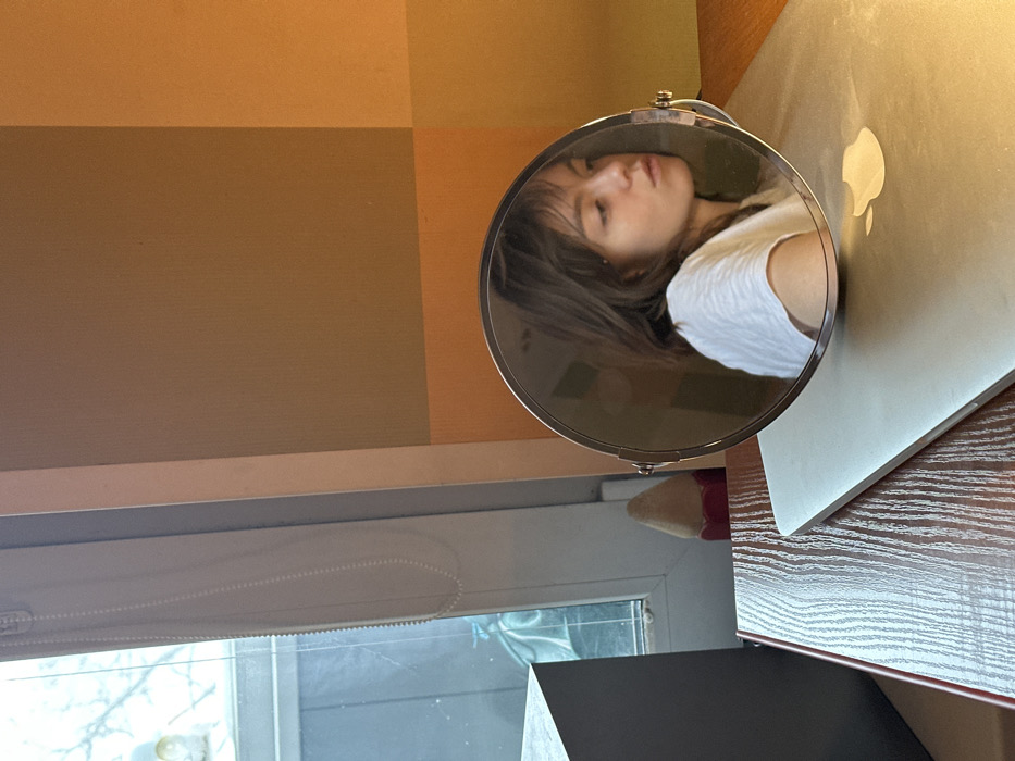 A round mirror reflects a person with brown hair and a white shirt. The mirror rests on a silver laptop with an apple logo, positioned on a wooden surface. A window with a white frame and a pull-down shade is visible behind the mirror and laptop. The wall behind the window is painted with rectangular blocks of brown and tan. A small, plush object with red accents is near the base of the mirror.