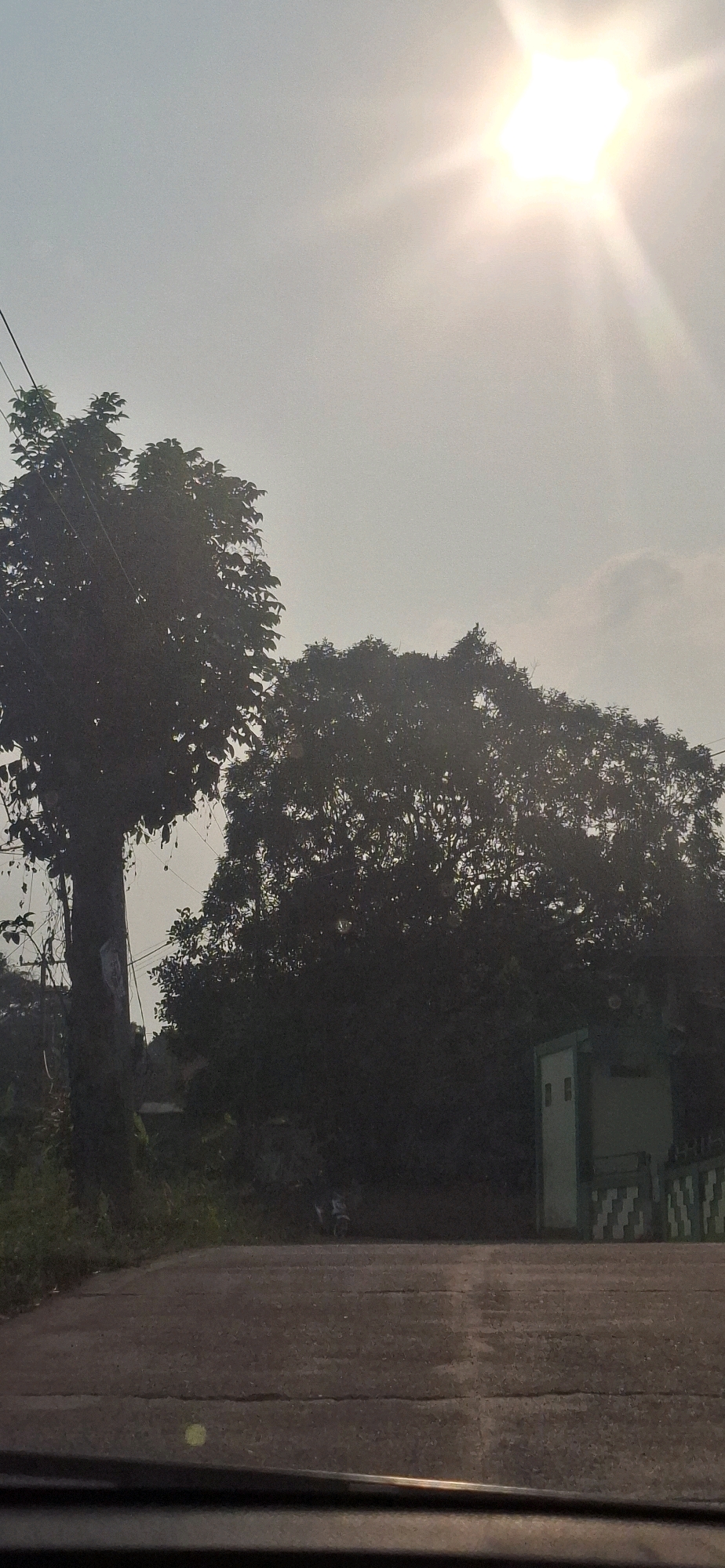 The image depicts a daytime scene on a paved road in Cibinong Hilir, Indonesia, with a bright sun shining in the upper right portion of the frame. Large, dark trees dominate the left and center of the image, casting shadows on the road. On the right side of the road, there is a building with a light-colored wall and a green roof, possibly a small structure or gatehouse. A white and green patterned fence or wall is visible to the right of the building. The road surface shows signs of wear, with visible cracks. In the background, there is dense foliage and what appears to be a utility pole with wires stretching across the frame. The overall impression is of a rural or suburban street scene under a bright, hazy sky.