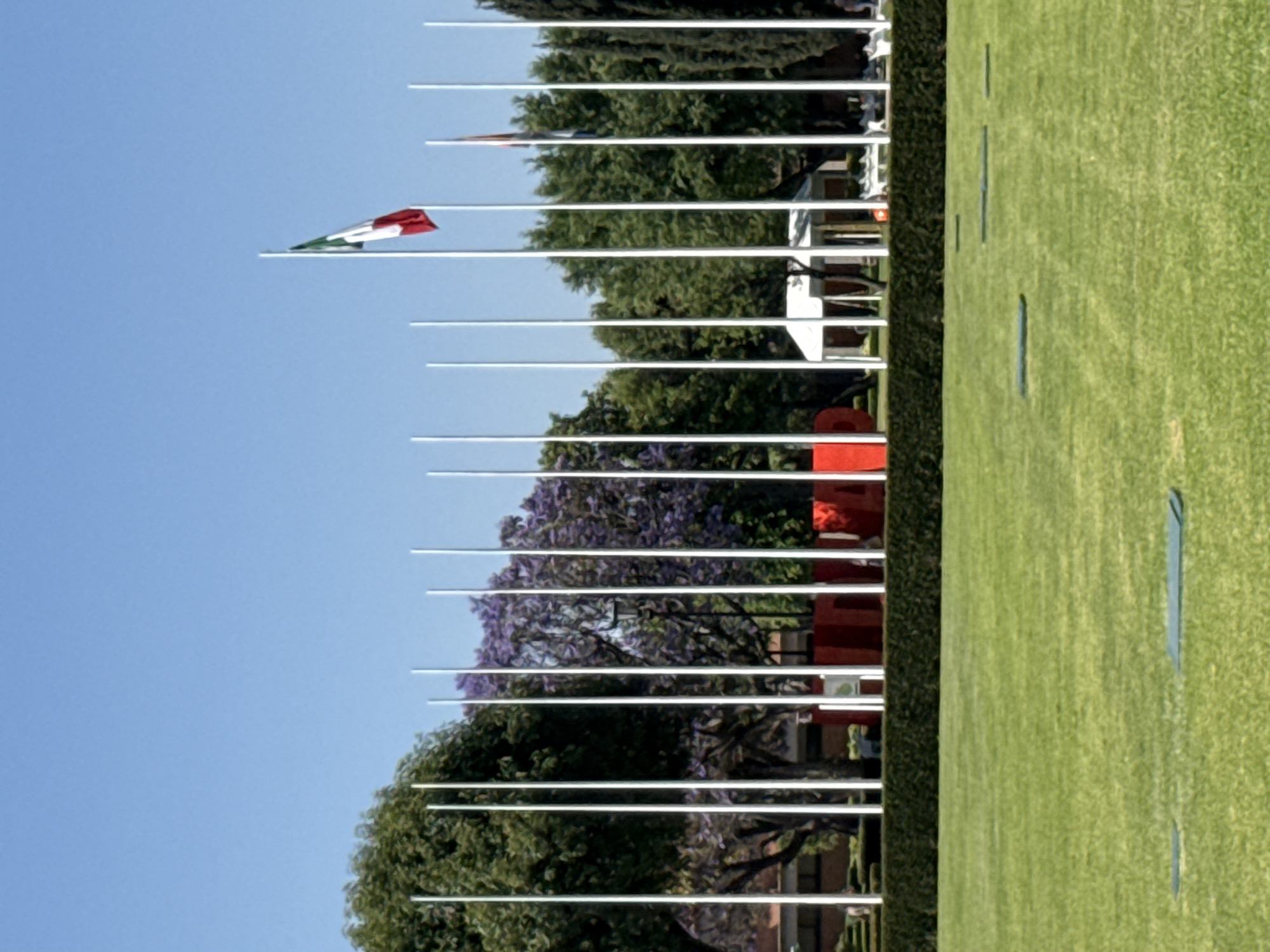 A daytime outdoor scene features numerous tall, white flagpoles arranged in rows against a clear, bright blue sky. On the right side of the image, a meticulously maintained green lawn stretches across the foreground. A dark green hedge or dense shrubbery runs horizontally, separating the lawn from the area where the flagpoles are erected.
Near the upper left, a single flag is unfurled by the wind, displaying vertical stripes of green, white, and red. Given the context of San Andrés Cholula, Mexico, this is most likely the national flag of Mexico.
Behind the flagpoles and hedges, a variety of trees create a natural backdrop. Some trees feature lush green foliage, while others, particularly in the mid-ground, are adorned with clusters of vibrant purple flowers, possibly indicating Jacaranda trees common in the region. Partially visible through and beyond the trees are glimpses of red-colored structures or buildings.
The setting appears to be a formal public space, such as a plaza, a memorial, or the grounds of a significant institution, designed for official displays or ceremonies. The bright sunlight suggests clear weather. No people are visible, and no specific activity is taking place, presenting a tranquil and orderly tableau that evokes a sense of national pride or reverence. There is no visible text.