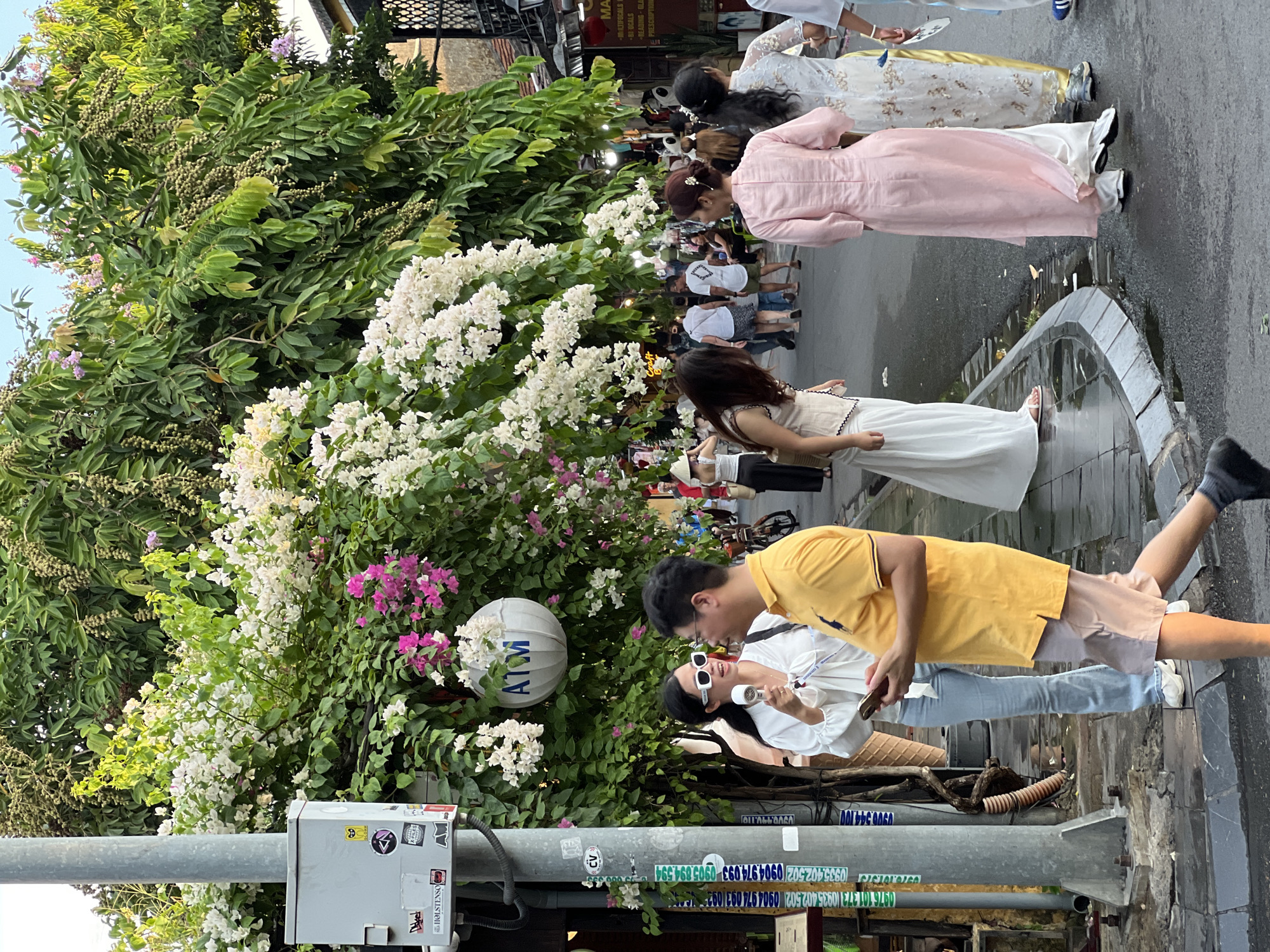 The image depicts a street scene in Hội An Ward, Vietnam, characterized by lush greenery and a vibrant atmosphere. The foreground features a gray utility pole adorned with various stickers and a sign. Adjacent to the pole, two individuals are engaged in conversation. A woman, dressed in white with sunglasses, holds a small fan. A man in a yellow polo shirt and light-colored shorts looks down at his phone. Behind them, a street lined with shops and stalls is visible, with people walking and browsing. Bougainvillea flowers in shades of white and pink cascade from above, creating a natural archway over the street. The road is wet, suggesting recent rain. The overall scene conveys a lively street market or tourist area.