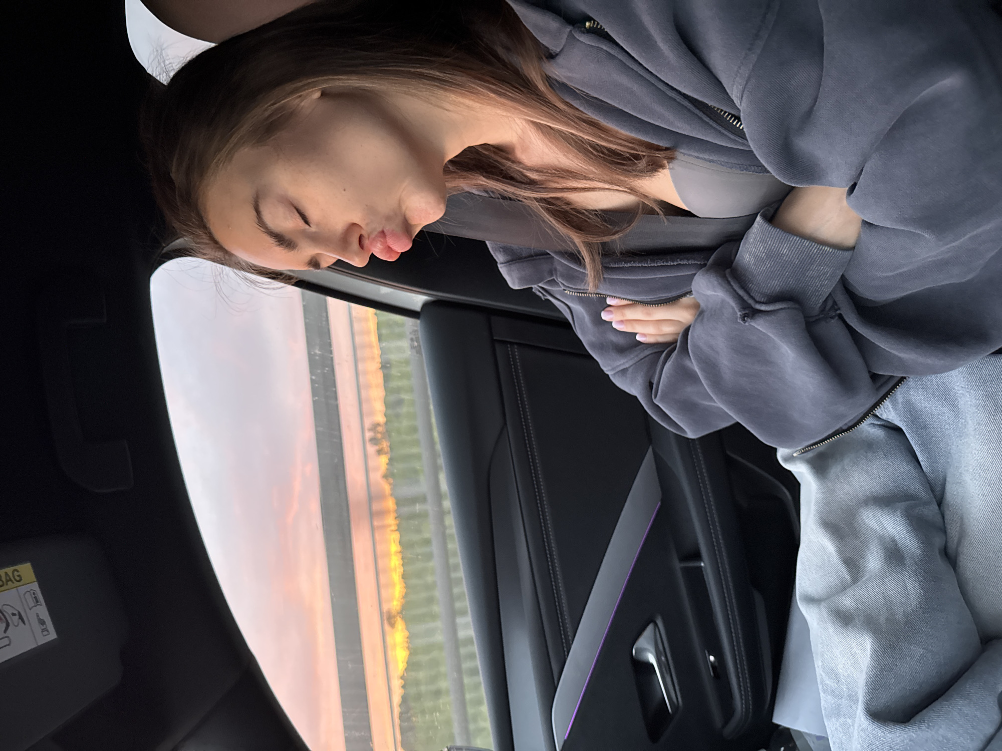 A woman with medium-length brown hair is seen sleeping in the passenger seat of a car. She is wearing a grey zip-up hoodie over a light grey top and blue jeans. Her arms are folded, and her head is resting against the car window. The car's interior is visible, including the black door panel with a silver handle and a thin strip of purple ambient lighting. Outside the window, a landscape is visible with what appears to be a sunset or sunrise casting a warm glow over a field or open space. A portion of the car's sun visor is also visible in the upper left of the image.