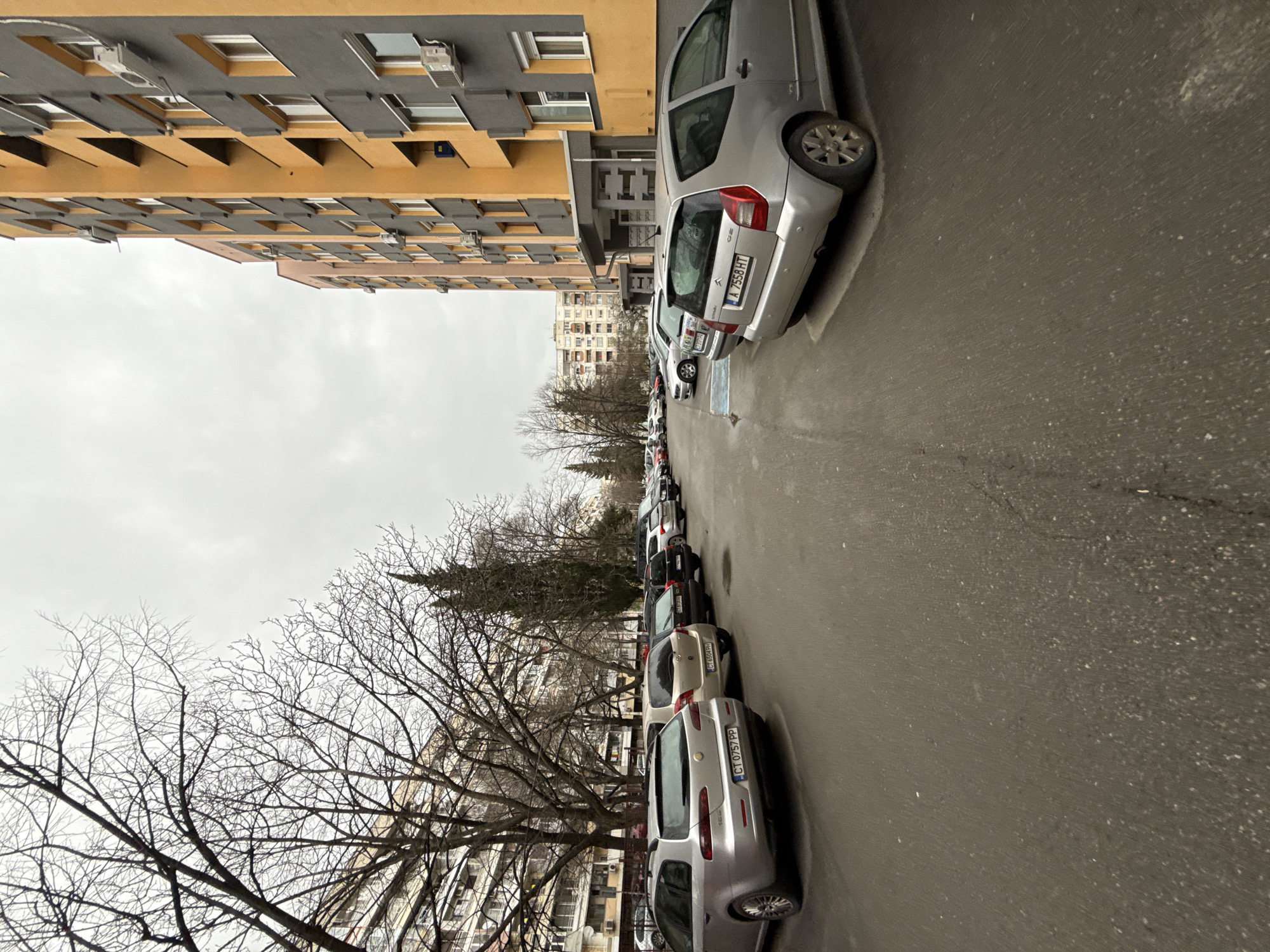 The image depicts a street scene in what appears to be a residential area, likely in Stara Zagora, Bulgaria. The camera angle is slightly tilted. A row of cars is parked along the right side of the street, adjacent to the sidewalk. The vehicles are of various makes and models, and their license plates are visible, with one plate containing Cyrillic characters. On the left side of the street, there are bare trees lining the sidewalk. The trees are in front of a tall apartment building. In the background, there are other buildings, further down the street. The sky is overcast, suggesting a cloudy day. The street surface appears wet, possibly from recent rain. The overall impression is that of a typical urban residential street on a gloomy day.