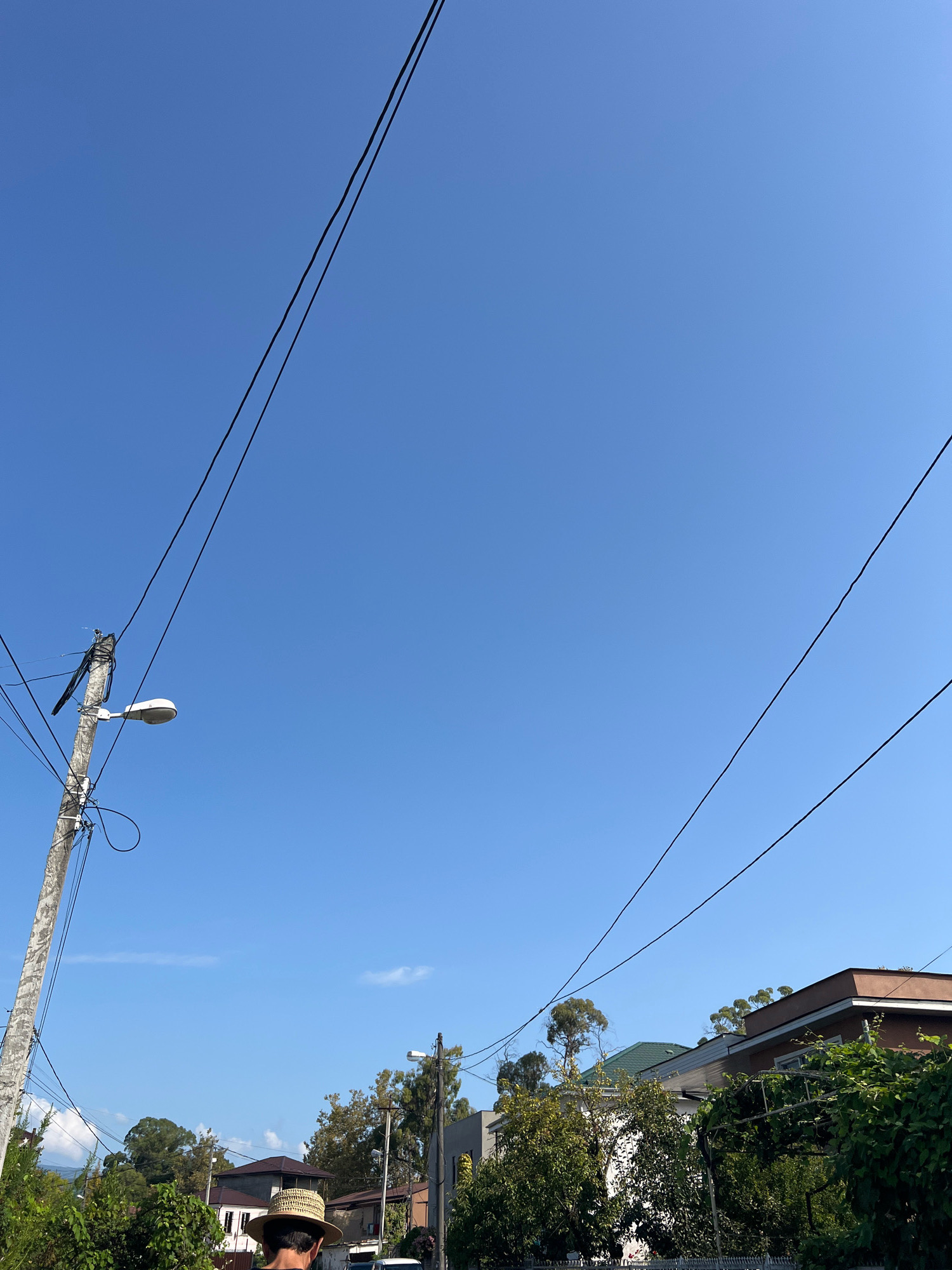 The image depicts a street scene in Sokhumi, Abkhazia under a clear blue sky. In the foreground, the back of a person wearing a straw hat is visible. To the left, a weathered utility pole with a streetlamp and numerous wires stands prominently. The background features several houses with various roof styles, surrounded by lush green trees and foliage. Power lines crisscross the sky, disappearing into the distance. The overall impression is a sunny day in a residential area.