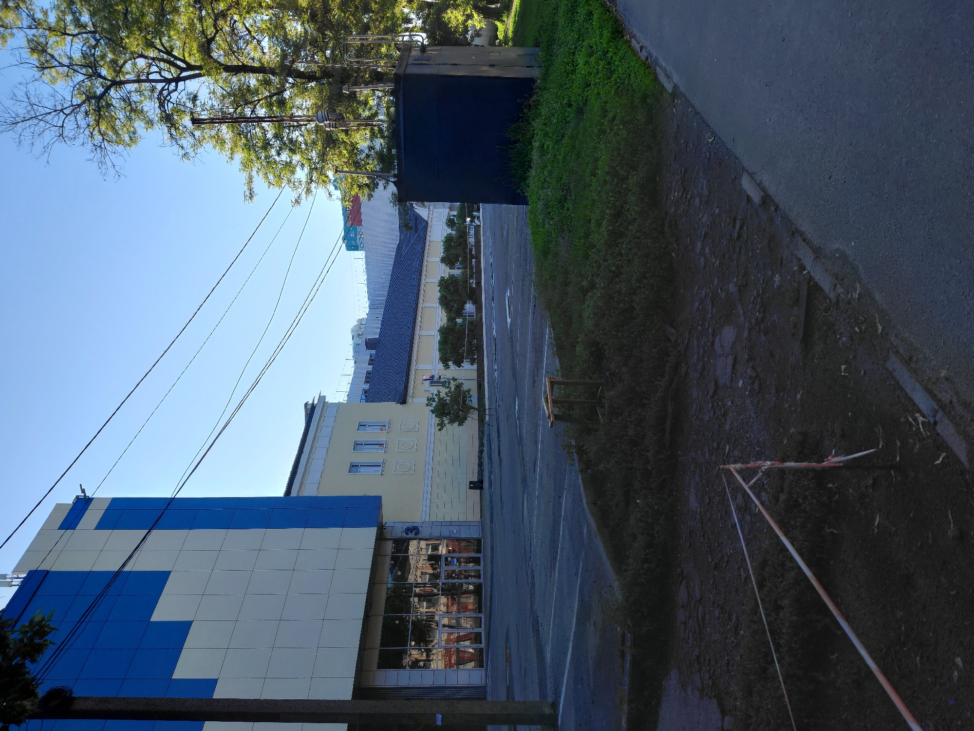 The image displays an urban street scene on a clear, sunny day, viewed from the side of a paved road looking towards buildings.
The main subject on the left is a modern building featuring a facade composed of blue and light-colored (possibly white or light gray) square and rectangular panels arranged in a geometric pattern. Its ground floor has a large glass entrance reflecting parts of the surroundings. A faint, dark, abstract logo or symbol resembling a stylized "Ξ" is visible on the glass. Further along the street, a two-story yellow building with multiple windows and decorative circular elements on its facade is present, with a larger building featuring a dark roof and light upper sections behind it. Power lines stretch across the bright blue sky above these structures. A large, leafy tree with green foliage occupies the upper left corner, while smaller trees are sparsely distributed along the street.
On the right side of the image, the foreground shows an asphalt road or parking area with some faded white lines, bordered by a curb. Beyond the curb, there's a strip of dark earth and dense green grass and shrubbery. A dark, rectangular utility box or shed is situated within this green area. A discarded or broken wooden frame or structure, possibly made of two intersecting poles, lies on the ground near the grass.
The clear sky and bright illumination suggest it is daytime, likely morning or afternoon. No people are visible, and no specific activity or event is taking place, presenting a static snapshot of an urban environment. No other discernible text is present.