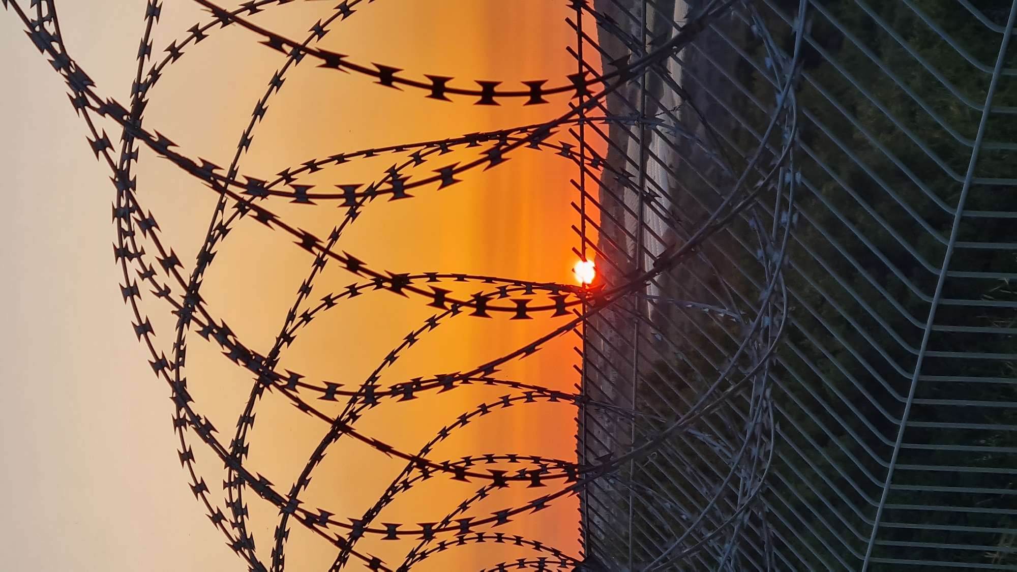 The image depicts a sunset viewed through barbed wire fencing. The sky is a gradient of orange hues, with the sun partially visible and casting a bright light. The barbed wire is in the foreground, creating a stark contrast against the warm colors of the sky. Adjacent to the barbed wire fence is a chain-link fence, beyond which there is a suggestion of green vegetation. The image may have been taken in the Lachish Regional Council, Israel.