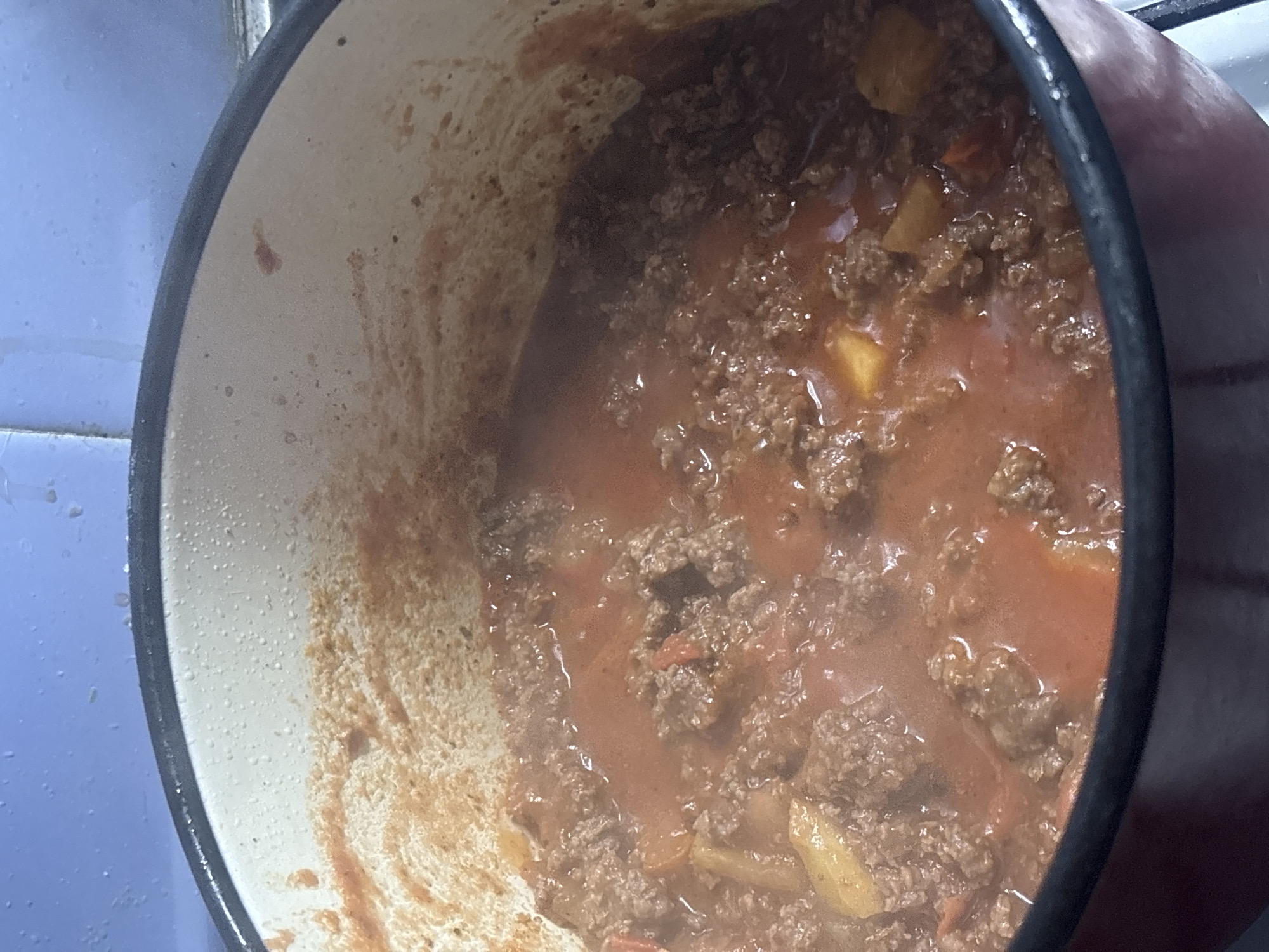 The image provides an overhead view into a large, heavy-duty cooking pot, possibly a Dutch oven, where a meal is actively simmering. The pot contains a hearty-looking stew composed primarily of browned ground meat, mixed with chunky pieces of yellow-orange vegetables, likely potatoes and carrots, suspended in a reddish-orange sauce or broth. The surface of the liquid shows slight agitation, indicating gentle cooking or simmering.
The interior walls of the pot are a light cream or off-white color, with visible splatters and residue from the cooking process extending upwards. The rim of the pot is dark, appearing to be made of cast iron or a similar robust material. On the left side of the image, partially visible in the background, is a light blue tiled wall, characteristic of a kitchen environment. No individuals are visible in the frame, and there is no discernible text on any object. The scene depicts a quiet moment of meal preparation, likely in a kitchen setting. Given the context of Buenos Aires, Argentina, this could be a preparation for a common local stew or meat dish.