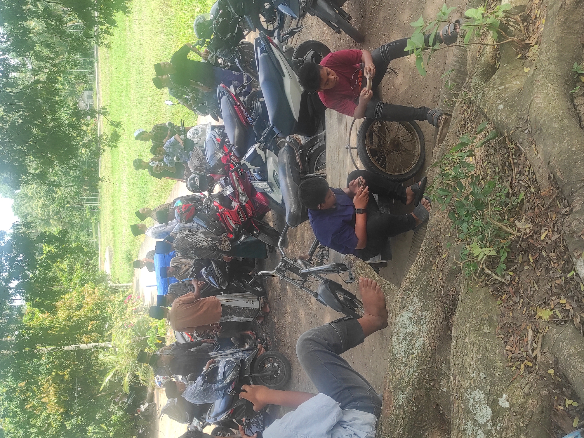The image captures an outdoor gathering of several young men or boys in a semi-rural setting in Buketdalam, Indonesia. Numerous motorcycles and scooters are parked closely together in the midground and foreground, indicating a group arrival.
In the foreground, two individuals are seated on the ground near the large, gnarled roots of a prominent tree. One wears a red shirt and black pants, leaning against a motorcycle wheel while looking at a mobile phone. Another, in a dark blue shirt and black pants, is also seated, engaged with a phone; both have bare feet visible. Many other individuals are standing or sitting around the parked vehicles, some wearing traditional Islamic peci (kufi caps).
The background features lush green fields with a small, simple building visible in the distance. Dense trees and bushes line the edges of the scene, contributing to the natural, outdoor environment. The activity appears to be a casual social gathering or meeting. The time of day is bright daylight, suggesting clear weather. The overall atmosphere seems relaxed. While some text is visible on vehicle license plates, it is too indistinct to be clearly read.