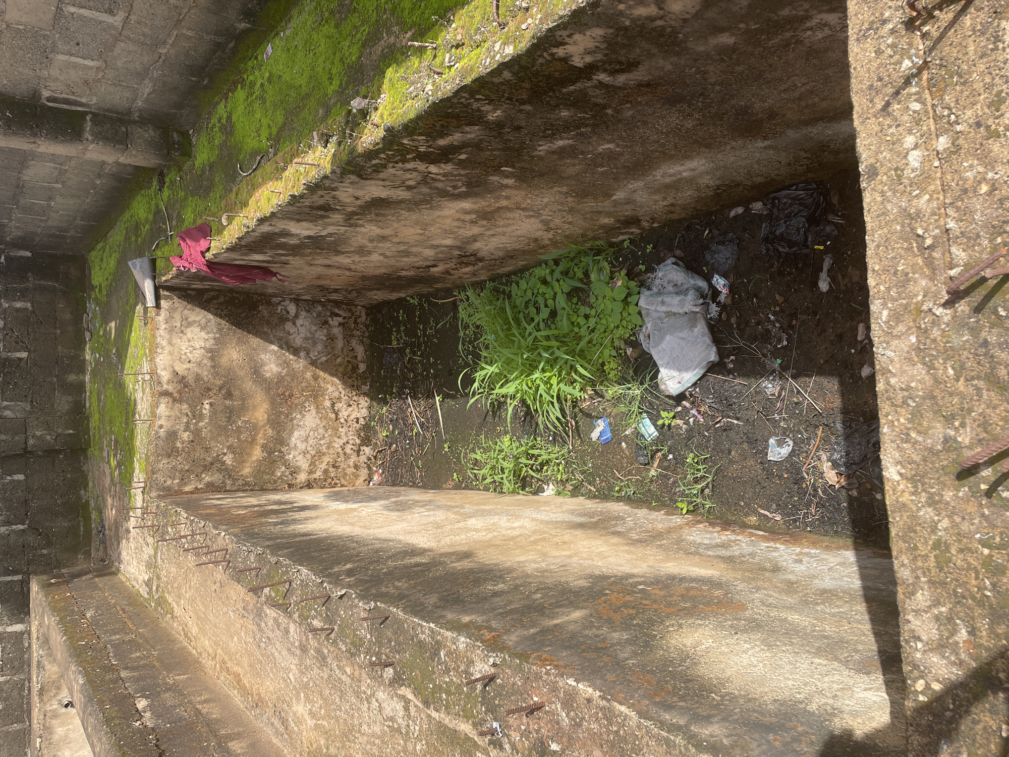 The image depicts an abandoned concrete structure in Kakau, Nigeria. The structure appears to be a rectangular pit or reservoir with moss growing on the concrete walls and surrounding ground. Inside the pit, there is stagnant water, debris, and overgrown green vegetation. Several pieces of trash are visible, including plastic bags and wrappers. Along the top edge of the pit, exposed rebar protrudes from the concrete. A piece of red fabric is draped over the edge of the pit, and a metal pipe is also visible. The overall scene suggests neglect and disuse.