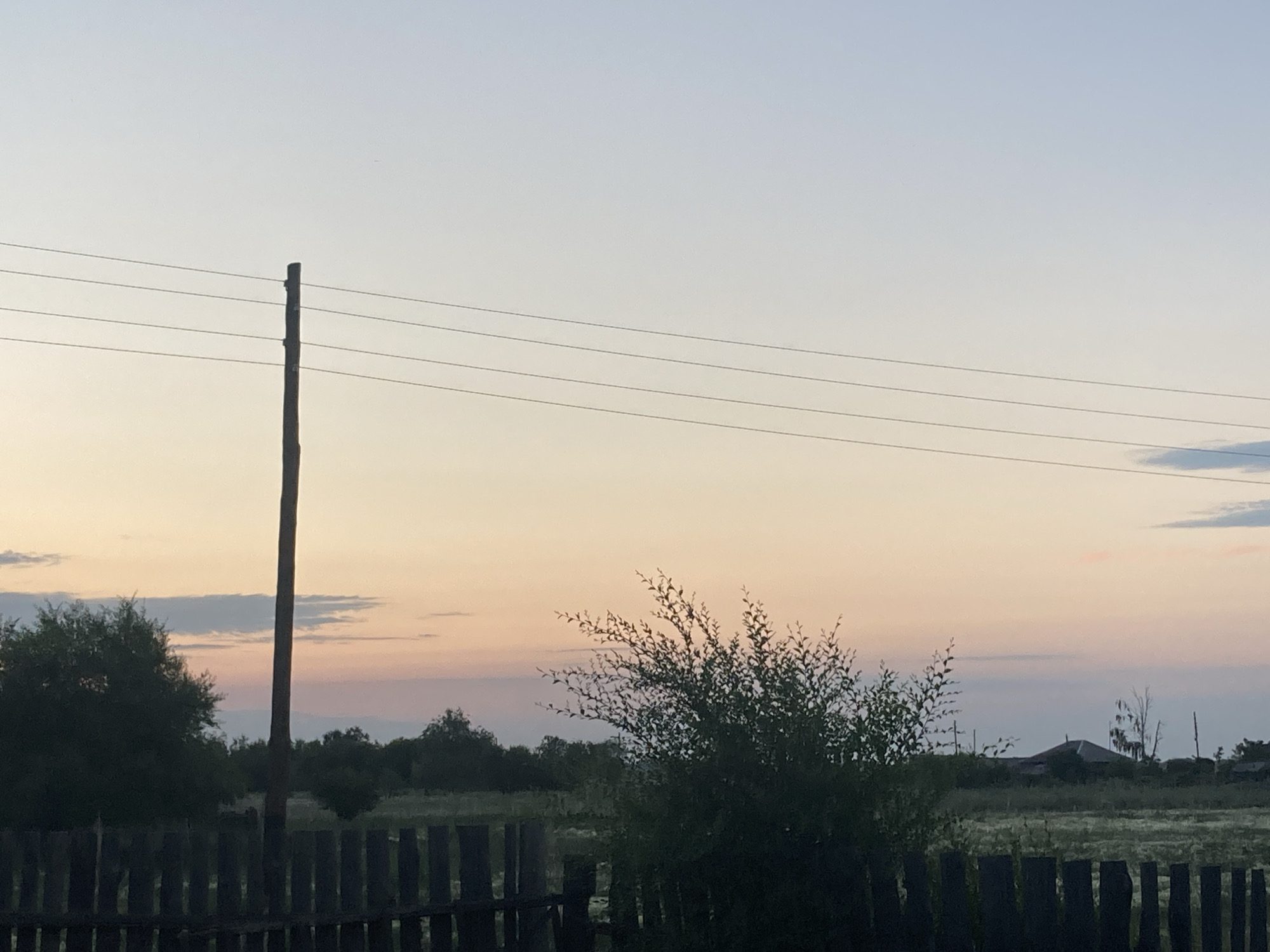 A telecommunication pole stands vertically on the left side of the image, with four thin wires stretching horizontally across the frame. The sky is a gradient of pale blue at the top, transitioning to soft pink and peach hues near the horizon, indicating either sunrise or sunset. Below the sky, a dark wooden fence runs along the bottom of the image. Behind the fence, various trees and foliage are visible, some appearing as dark silhouettes against the lighter sky. In the middle ground, there's a dense, leafy bush. In the far background, on the right side, a distant house with a dark roof is discernible, along with other trees and a field of vegetation. The image appears to be an outdoor scene in the rural village of Rakity, Russia, capturing a tranquil, natural landscape during twilight.