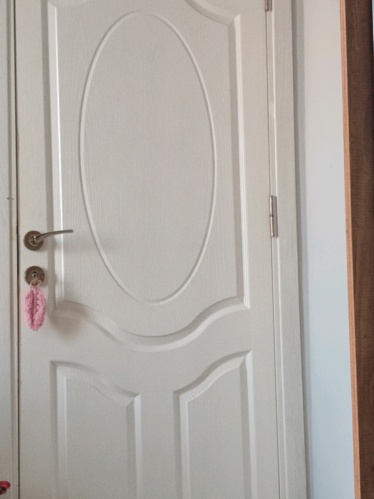 An image shows a closed white door with a brushed nickel handle and lock. A pink, fluffy keychain is attached to the lock. The door has decorative paneling and is set within a white doorframe. To the right of the doorframe, a portion of a wooden wall is visible. The image is a close-up, portrait-oriented shot.