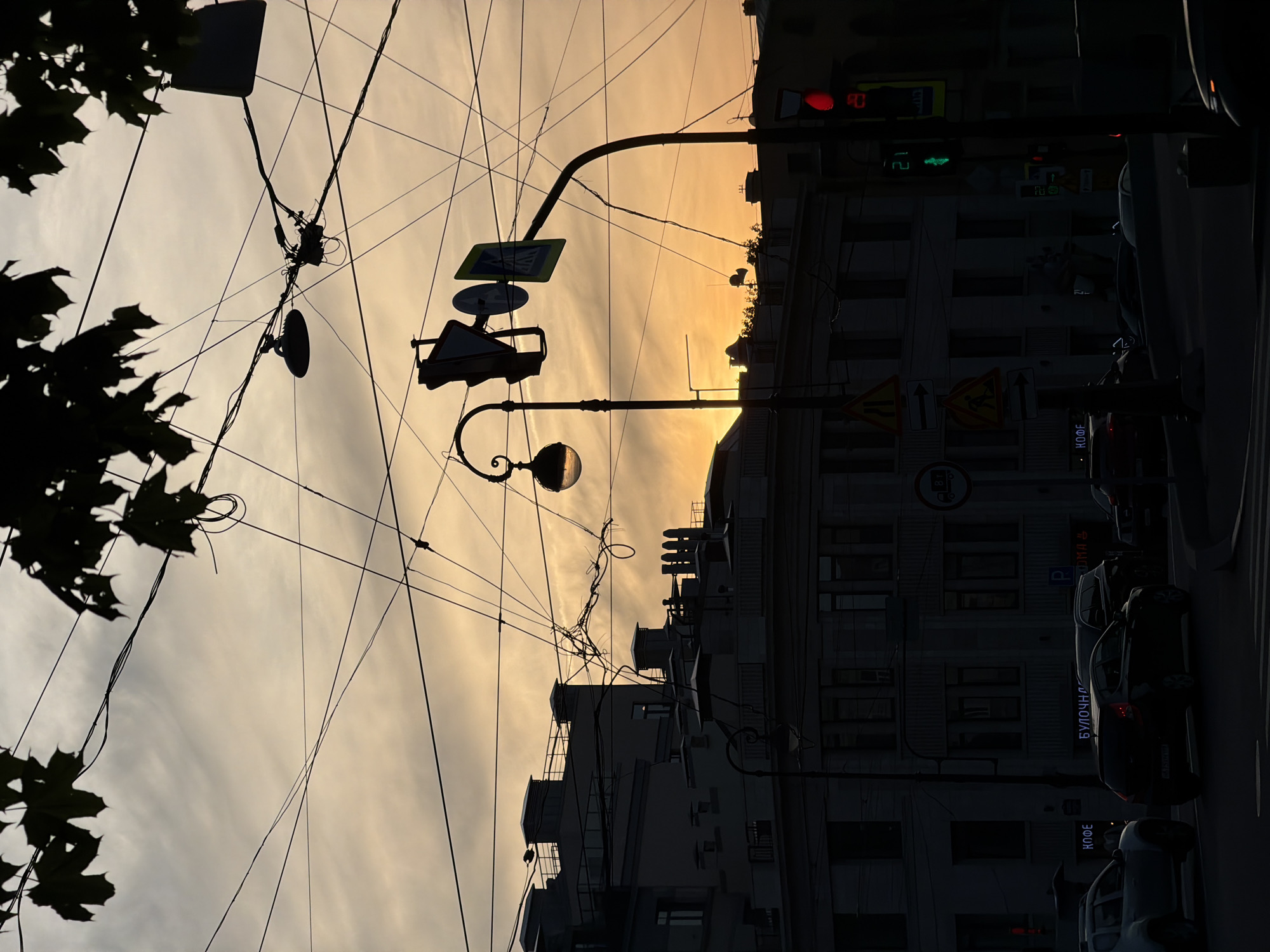 The image captures a silhouette of a street in Saint Petersburg, Russia, during sunset. The sky is a hazy orange and yellow, with wispy clouds. Overlapping the sky are dense, tangled power lines, some supporting street lights and traffic signals. Silhouetted against the sky are the rooftops of buildings, characterized by their stark, geometric shapes, chimney stacks, and decorative architectural elements typical of St. Petersburg's historic districts. A street lamp with a rounded, glass-enclosed fixture is prominently visible in the foreground on the left. On the right, a traffic light shows a green signal, and above it, traffic signs are mounted. The lower portion of the image shows the dark silhouettes of cars on the street and the facades of buildings, some with illuminated signs, including one with Cyrillic lettering that appears to say "БУЛОЧНАЯ" (bakery). The scene is devoid of clearly visible people, with the focus being on the urban landscape under the fading light.