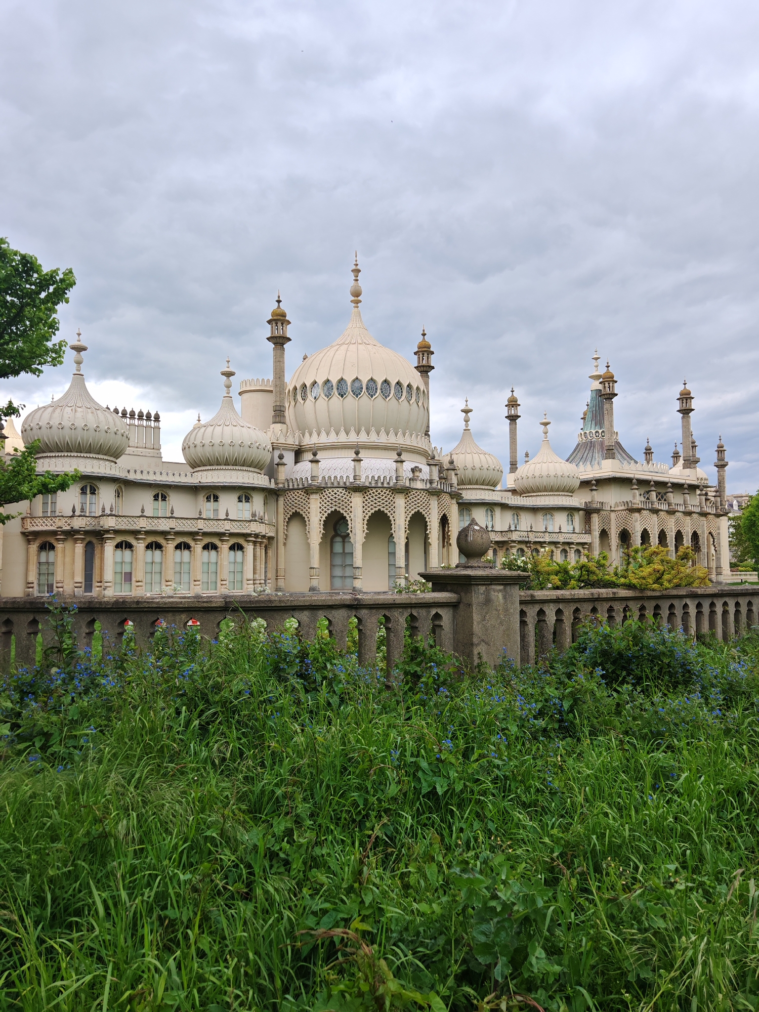 The image depicts the Brighton Pavilion in Brighton and Hove, East Sussex, United Kingdom. The architectural style is Indo-Saracenic Revival, characterized by its domes, minarets, and arched windows. A stone wall separates the pavilion from a grassy area overgrown with grass and blue flowers. The sky is overcast. There are no people visible in the image.