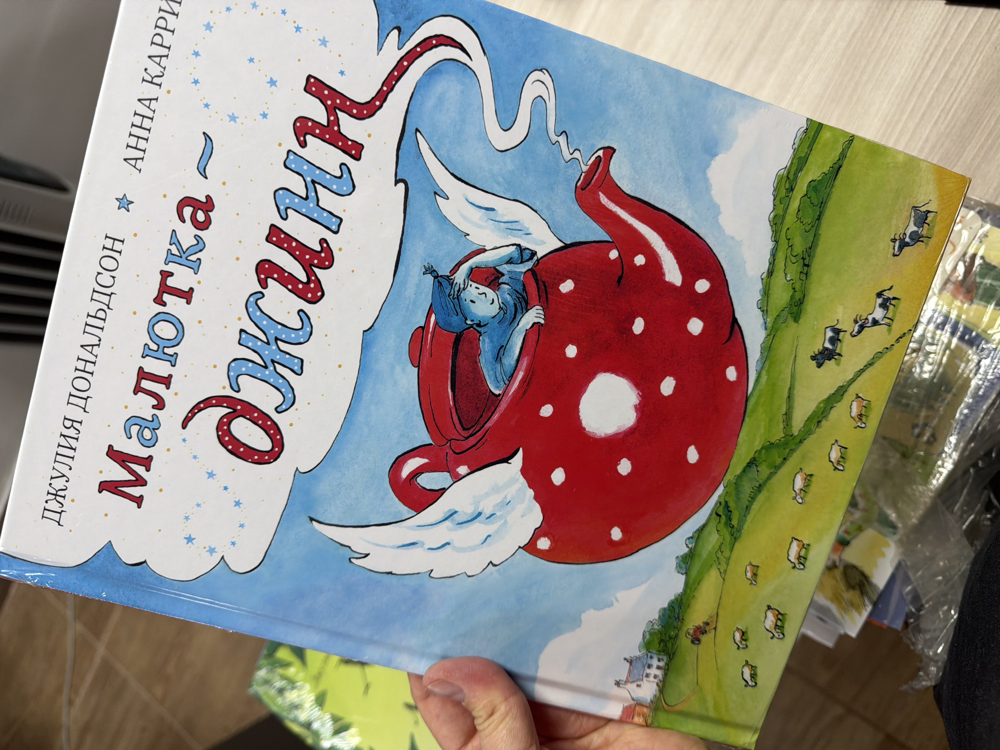 A person is holding a children's book titled "Джулия Дональдсон Малютка ~ Джинни" by Anna Karri. The cover illustration depicts a red, white-spotted teapot with wings, carrying a blue-skinned figure. The background features a blue sky and a green hillside with cows and sheep. The location, Chaikovsky, Russia, is not explicitly evident from the image.