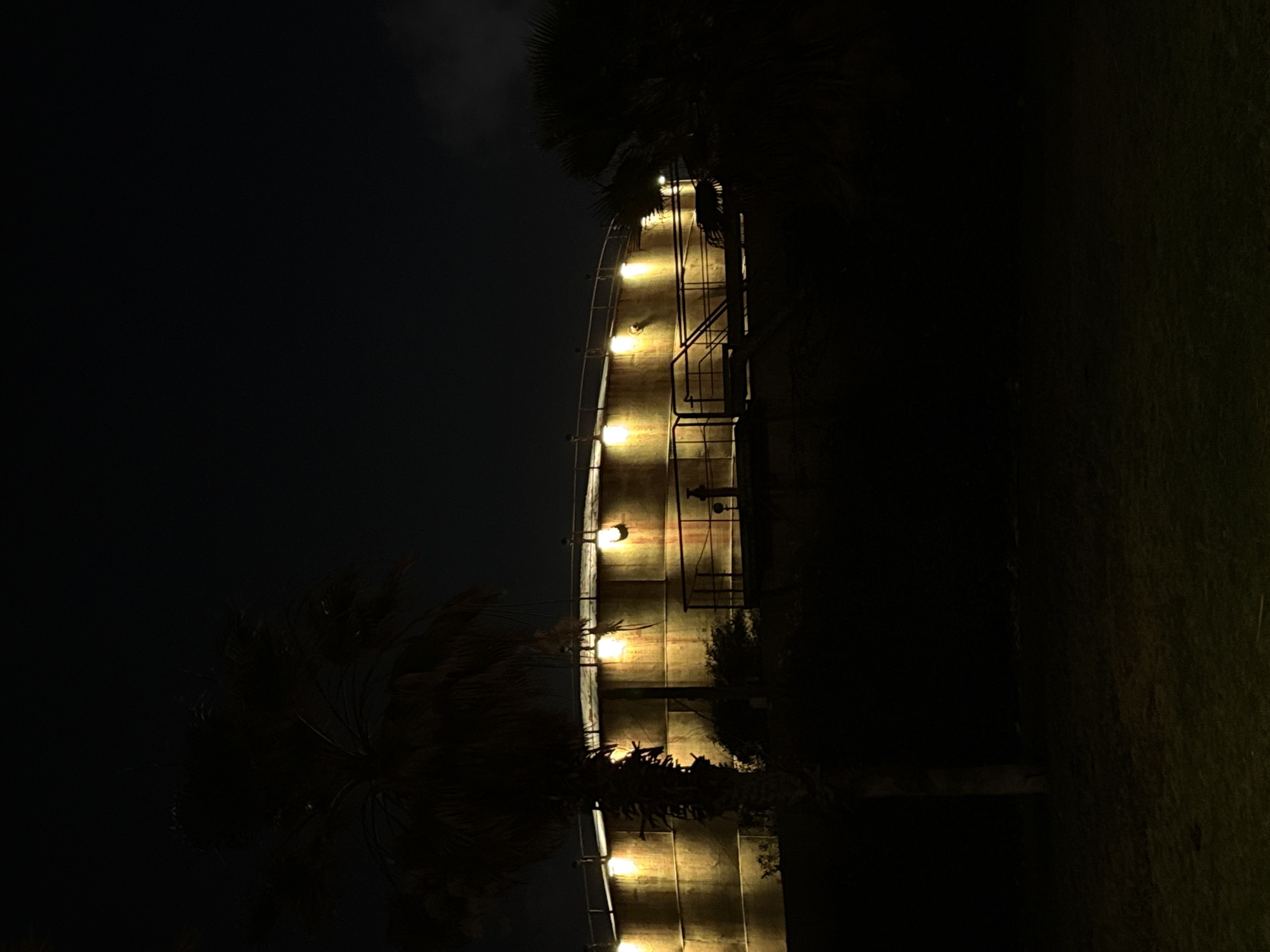 The image shows a tall, cylindrical structure illuminated by a vertical line of lights. The location appears to be in a park or green area, based on the presence of trees and grass. It is nighttime. There are no visible people, actions, or interactions. The structure is the focal point. The photograph is taken at an angle with the top towards the right side of the image and the bottom towards the left. Based on the lights on the structure and the overall cylindrical shape and location, this may be the Tel Aviv Azrieli Water Tower.