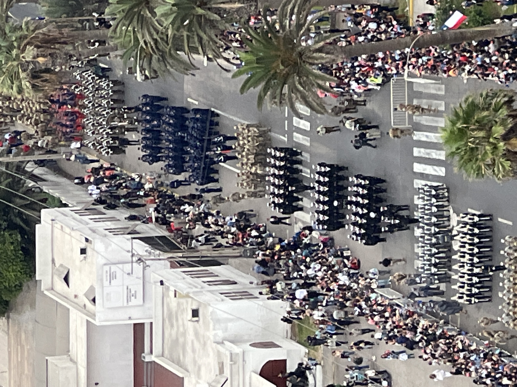 This is an elevated, high-angle view of a large-scale civic-military parade taking place on Arturo Prat street in Arica, Chile, adjacent to the building housing the regional government and health services. The paved street is clearly delineated by white dashed lane lines and multiple white striped crosswalks. Tall palm trees line both sides of the thoroughfare, with urban buildings visible behind them.
In the foreground, multiple rows of military personnel, distinguished by tan/camouflage uniforms and carrying rifles, march in tightly synchronized formations. Immediately preceding them, another contingent of individuals in dark blue/black uniforms with white detailing, likely naval personnel or police, also marches in formation. Further down the street, additional groups of uniformed personnel, including more tan/camouflage clad soldiers and several blocks of dark blue/black uniformed individuals (possibly Carabineros or police), are observed marching. The parade extends into the distant background, featuring a continuous flow of uniformed participants.
Dense crowds of spectators, composed of individuals of various ages in casual attire, line both sides of the street. Many stand behind metal crowd control barriers. On the right side of the image, a Chilean flag is visibly held within the spectator crowd.
On the left side of the street, a series of white, multi-story buildings with flat roofs and visible roof-mounted structures are present. One prominent building displays four square signs on its facade, identifying it as the location of the "Gobierno Regional de Arica y Parinacota," "Servicio de Salud Arica," and "Seremi de Salud de Arica y Parinacota." The right side of the street's architecture is largely obscured by the palm trees. Daylight illuminates the scene, indicating fair weather. Several individuals in civilian clothing or light uniforms are positioned within the parade route, potentially for coordination or security purposes.