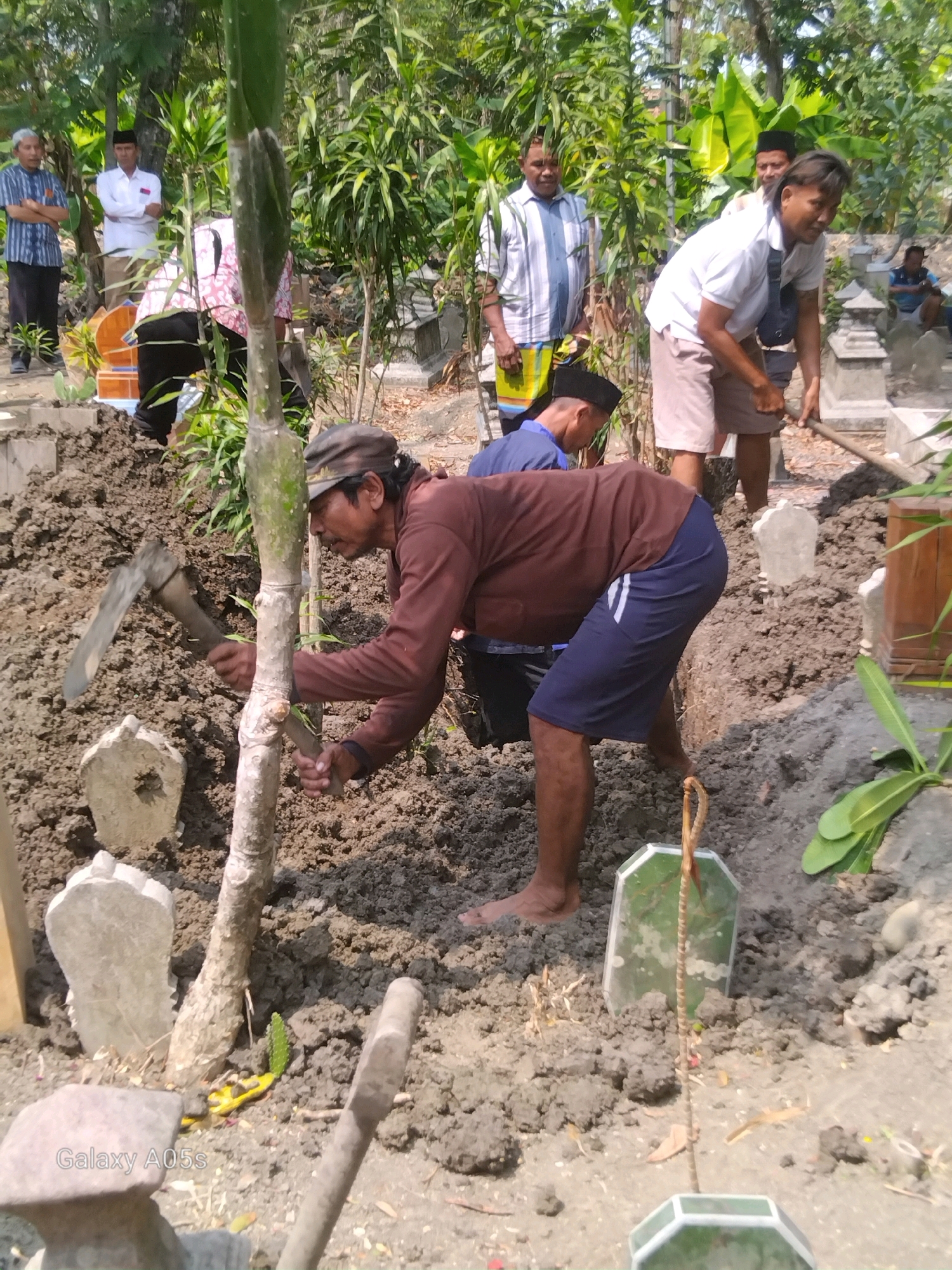 The image depicts a scene in the Karangayung cemetery in Indonesia, where several men are engaged in digging a grave. The foreground is dominated by a freshly dug grave, with mounds of dark soil piled to the side. A man wearing a brown long-sleeved shirt and blue shorts is actively digging, holding a hoe with both hands. His body is bent over as he works the soil. Another man, in a white polo shirt and light-colored shorts, is also using a shovel, seemingly contributing to the digging effort. In the background, other men stand around, observing the process. One man wears a striped blue and white shirt and a yellow sarong, while another is dressed in a white shirt and black pants. The environment is outdoors, characterized by lush green foliage, including palm-like plants and trees, suggesting a tropical setting. Gravestones, some simple and upright, are visible throughout the cemetery. The ground is uneven and appears to be a mixture of soil and loose dirt. The overall impression is one of communal labor and somber activity.