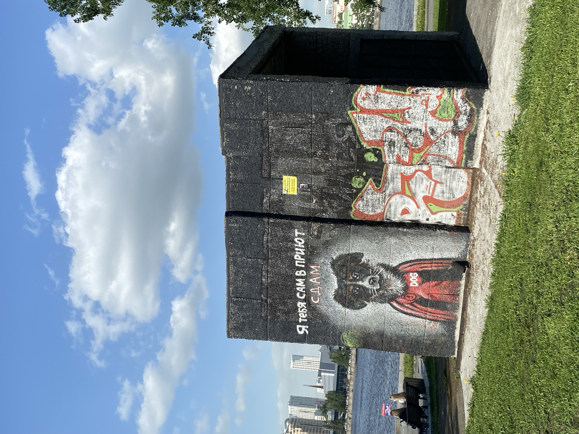 The image shows a concrete structure, possibly a small building or shelter, covered in graffiti. One section features a drawing of a dog wearing a red outfit with the word "DOG" written on it. Next to the dog drawing, there is Cyrillic text that reads "Я тебя сам в приют сдам." The structure is located next to a body of water, likely a river or lake. In the background, a cityscape is visible, indicating that the structure is located in an urban area. Based on the Cyrillic text, the city appears to be Yekaterinburg, Russia. A park or grassy area is visible on the right side of the image. People sitting on a bench can be seen near the structure. The sky is visible with blue and white clouds.