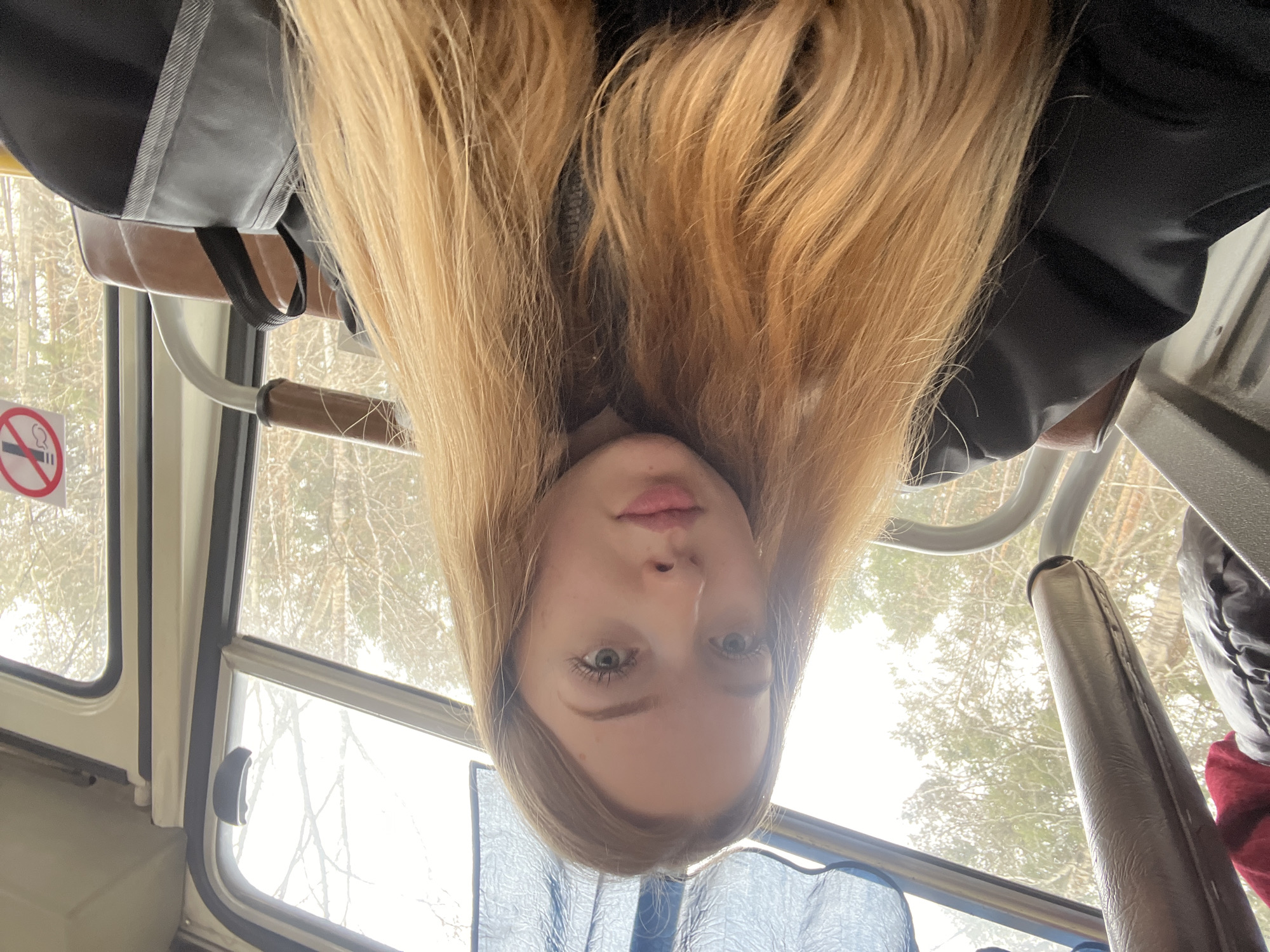 The image, originally oriented upside down, portrays a young woman taking a selfie inside a public transport vehicle, likely a bus or trolleybus, in Chaikovsky, Russia.
**Subjects:**
The central subject is a young woman with fair skin, prominent light-colored eyes (appearing blue or green), and full lips. Her long, straight, light blonde hair cascades around her face. She wears a dark garment, possibly a jacket. Behind her head, a grey bag or backpack with striped detailing is visible. The interior of the vehicle features cream-colored window frames, sturdy handles or bars, and a partially visible blue curtain at the bottom of the frame.
**Scene and Setting:**
The setting is clearly indoors, within a vehicle, with large windows revealing the exterior. Through these windows, a bright, diffused outdoor scene is visible. Bare trees, devoid of leaves, dominate the background, suggesting a late autumn or winter season. The environment outside appears natural, possibly wooded or rural, contrasting with the structured interior of the transport.
**Activity or Event:**
The young woman is looking directly at the camera with a neutral, calm expression, indicating she is either posing for a selfie or having her photo taken. She appears to be a passenger traveling in the vehicle.
**Notable Details:**
The time of day is bright, possibly midday, with diffused light suggesting an overcast sky, which contributes to the soft illumination on her face. The bare trees are a strong indicator of a cold weather season. The vehicle's interior design, including the handles and window frames, suggests a functional public transport environment.
**Visible Text:**
On the left-hand side of the image, attached to the window frame, a red and white circular "No Smoking" sign is clearly visible, depicting a crossed-out cigarette.