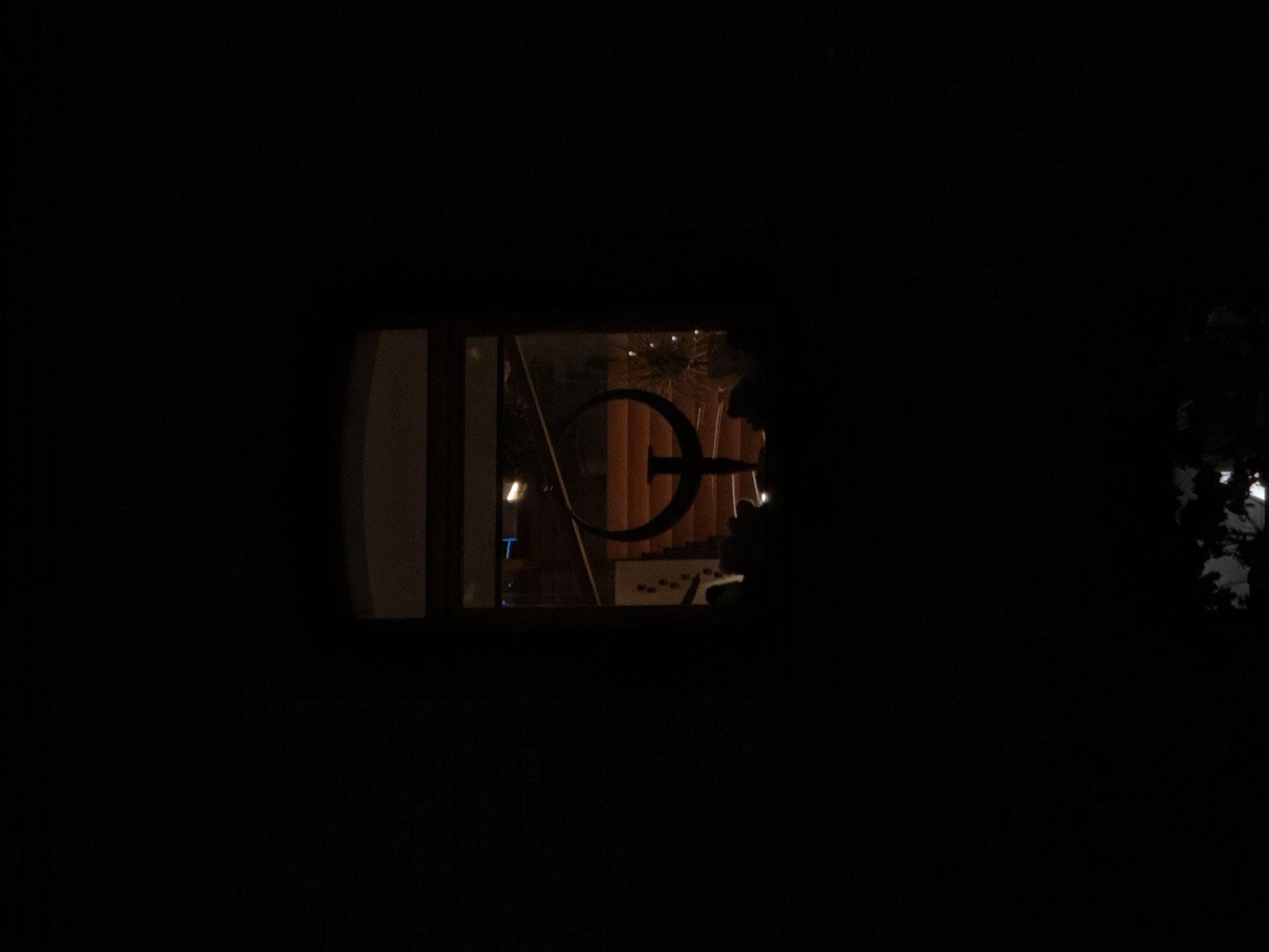 The image shows a partially visible view of a window, surrounded by darkness. Through the window, the interior of a space is visible, with what appears to be a metal sign or decoration resembling a circle intersected by a horizontal line. Behind this sign, there are vertical orange pillars or poles. A partial view of what might be furniture or other objects is also present. The scene is dimly lit. The presence of a tree branch with visible leaves on the right side of the image hints at the exterior setting. I cannot confidently identify the location in Moscow, Russia from the information available in this image.