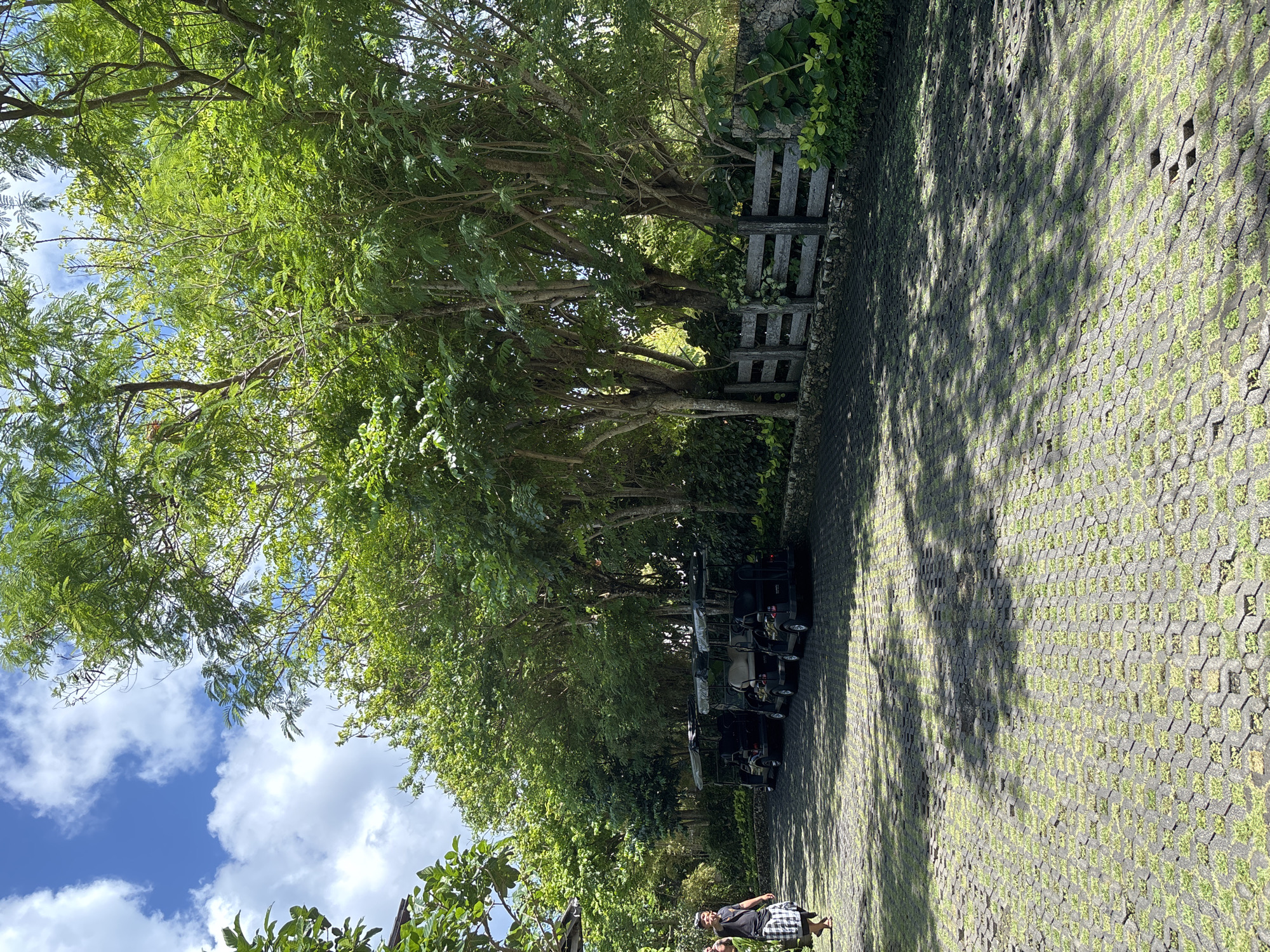 This image depicts a scene in Uluwatu, Indonesia. A person is standing in a shaded area created by trees. Several golf carts are parked in a row along the pathway. The path is constructed of interlocking concrete pavers with grass growing between them. A partially visible wooden gate stands along the path. Above, the sky is visible with blue patches and white clouds.