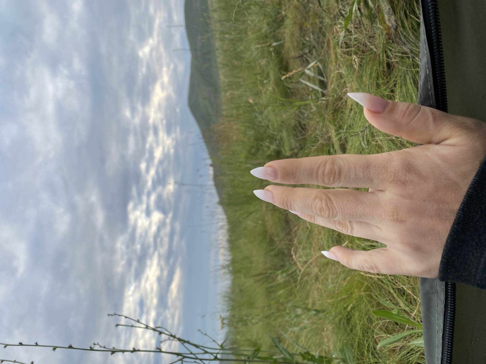 A person's left hand with manicured white-tipped nails is held up against a backdrop of a grassy, hilly landscape under a cloudy sky. The hand is positioned in the foreground, obscuring the lower part of the frame which appears to be the edge of a dark green bag with a zipper. The environment is rural, with tall grasses and rolling hills visible in the distance. The lighting suggests it is either early morning or late afternoon. There is no indication of this location being in the city of Абзаново, Russia.