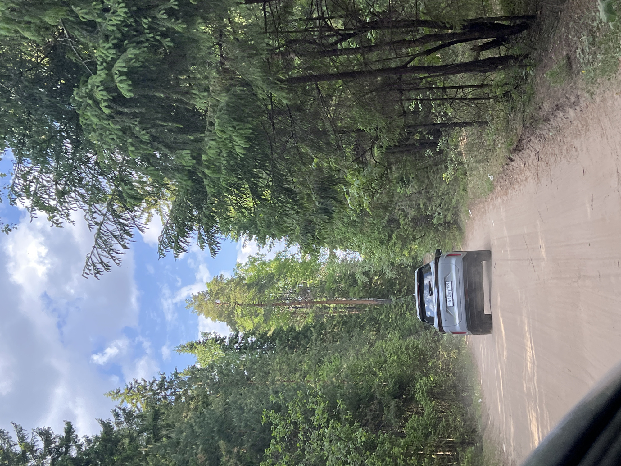 A gray car is driving on a dirt road through a forest near Chaikovsky, Russia. The car's license plate is visible. The environment consists primarily of tall evergreen trees and a sandy road. The sky is visible through the treetops and has scattered clouds. The image is taken from within another vehicle.