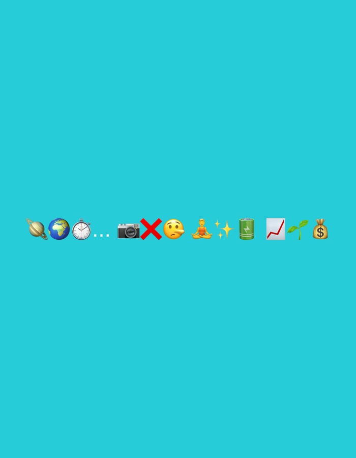 The image displays a horizontal row of emojis against a solid teal background. From left to right, the emojis are: a ringed planet, an Earth, a clock, three dots, a camera, a red cross, a thinking face, a meditating person, sparkles, a battery, a line graph with an upward trend, a growing plant sprout, and a money bag.