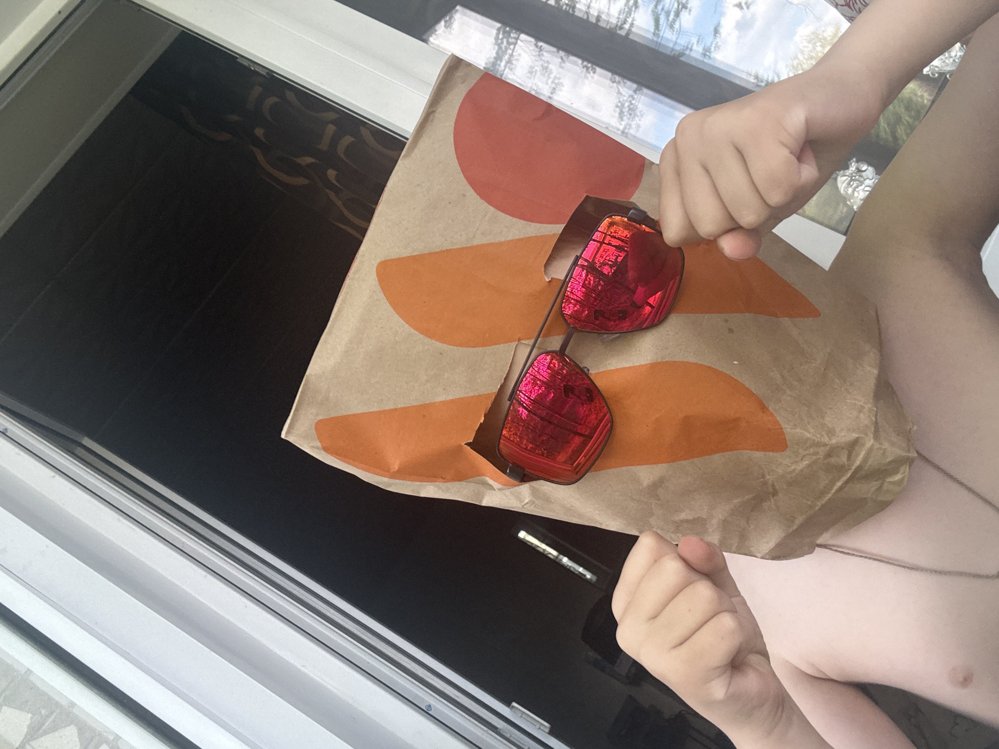 A person is holding a brown paper bag with orange logo elements, and a pair of red sunglasses are placed on top. The location appears to be indoors, near a window with a view of a cloudy sky and trees. A chain necklace is visible on the person's skin. The image does not indicate a location in Dmitrov, Russia.