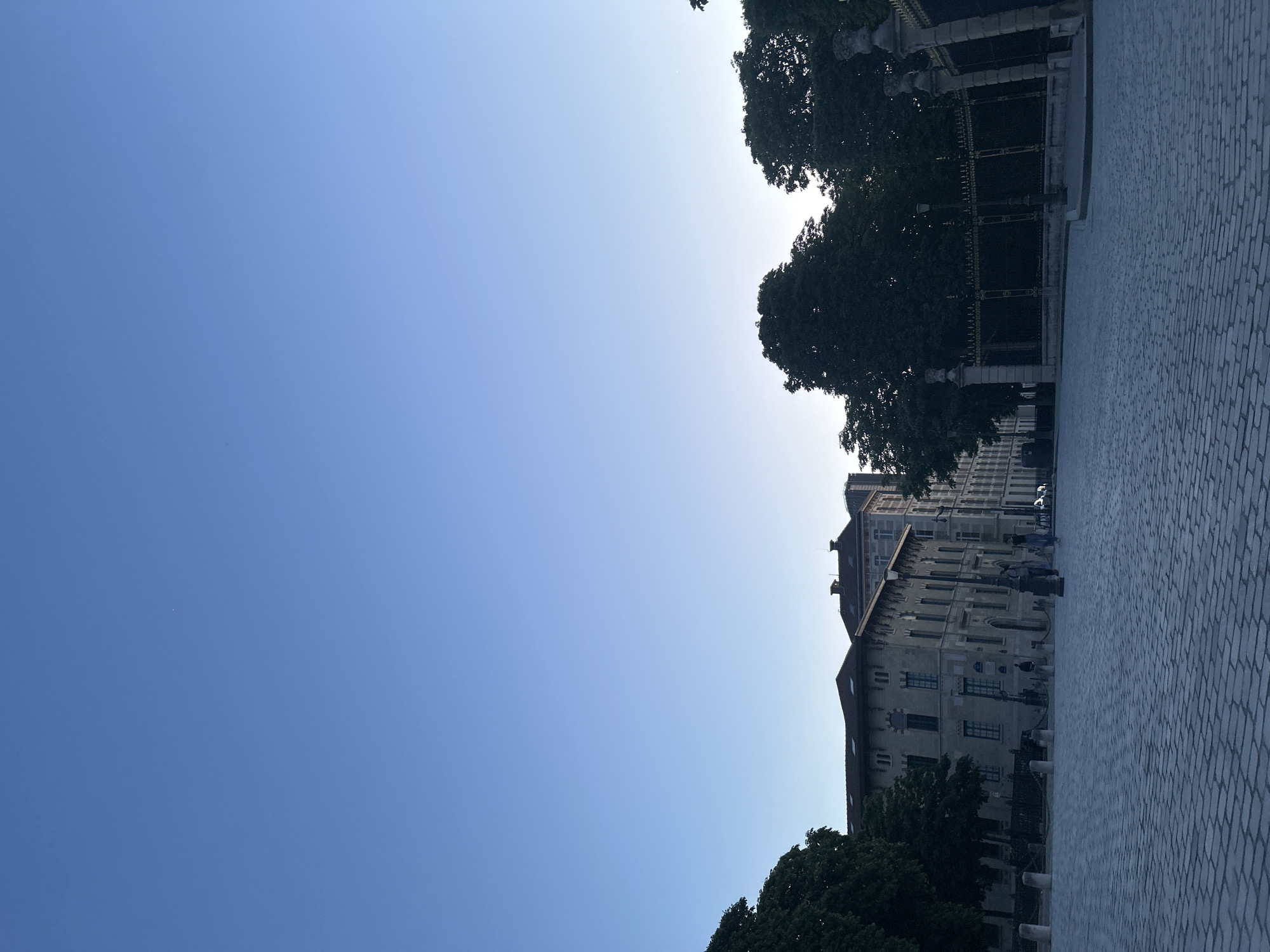 This image captures a vibrant daytime scene in Paris, France, looking across a wide paved area towards a row of classic European buildings under a clear blue sky.
The prominent subjects include several multi-story, light-colored buildings with traditional architectural details, such as multiple windows and pitched roofs. These structures line the right side of the frame, characteristic of Parisian Haussmannian design. Dark green trees are interspersed among and in front of the buildings, casting silhouettes against the bright sky. The foreground and midground feature a large, open expanse of paved ground, made of light-toned cobblestones or pavers, suggesting a public square or a wide pedestrian street. A decorative, dark-colored iron fence with golden accents is partially visible behind some trees on the right. A few indistinct human figures can be faintly observed near the buildings and on the paved area, indicating human presence.
No specific activity or event is clearly taking place; it appears to be an ordinary sunny day in an urban setting. The bright, clear blue sky, which occupies a large portion of the left side of the image, indicates excellent weather conditions and a sunny time of day, likely morning or late afternoon, given the clear, yet gentle, lighting. The architecture and paved ground serve as strong location cues for Paris. No legible text is visible in the image.