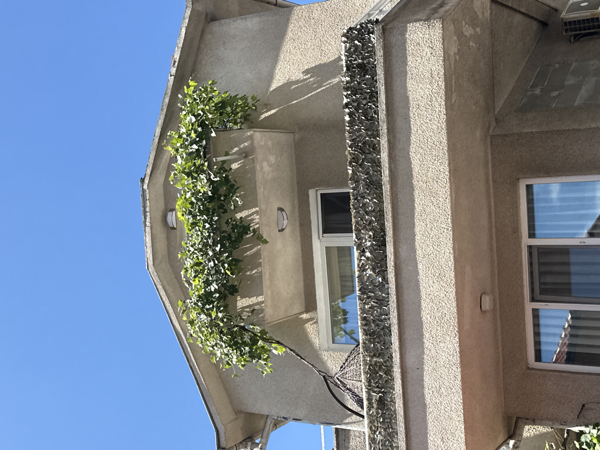 This is a photograph of a residential building exterior, taken from a low angle looking upwards, against a clear blue sky. The building is constructed with textured, light-colored stucco. The foreground shows the lower portion of the building with a window with white framing and blinds visible. Above this, a balcony railing is decorated with a camouflage-like netting or screen. Further up, a second story balcony features a white railing and a large window with a white frame. Above this window, there is a planter box overflowing with lush green foliage, with vines trailing downwards. Part of the roofline is visible, with a gutter system on the left side. A dark, woven basket-like object is suspended from the upper balcony. An air conditioning unit is visible on the right side of the lower building section. The image appears to be taken in Sozopol, Bulgaria, likely during daylight hours given the bright sky and shadows. No people are visible in the frame.