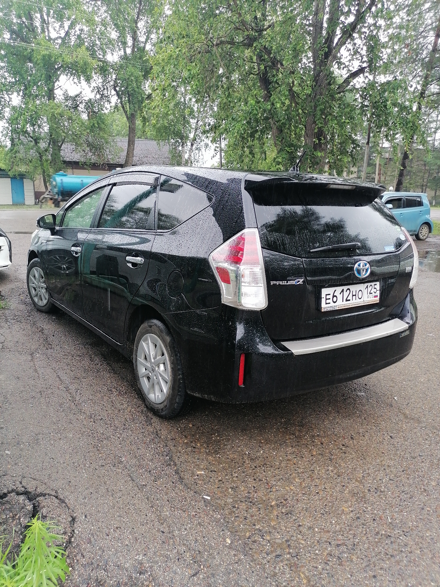 A black Toyota Prius is parked on a wet asphalt road. The car is facing to the right and is partially obscured by trees and foliage. The car's license plate reads "E612HO 125 RUS". In the background, a blue minivan is parked, and a blue water tank is visible. The scene appears to be in an outdoor setting, possibly a residential area or a public parking lot. The overall condition of the car is good, with no visible damage. The weather is overcast, and it appears to be raining, as evidenced by the water droplets on the car and the wet road surface. The location is identified as Novopokrovka, Russia.