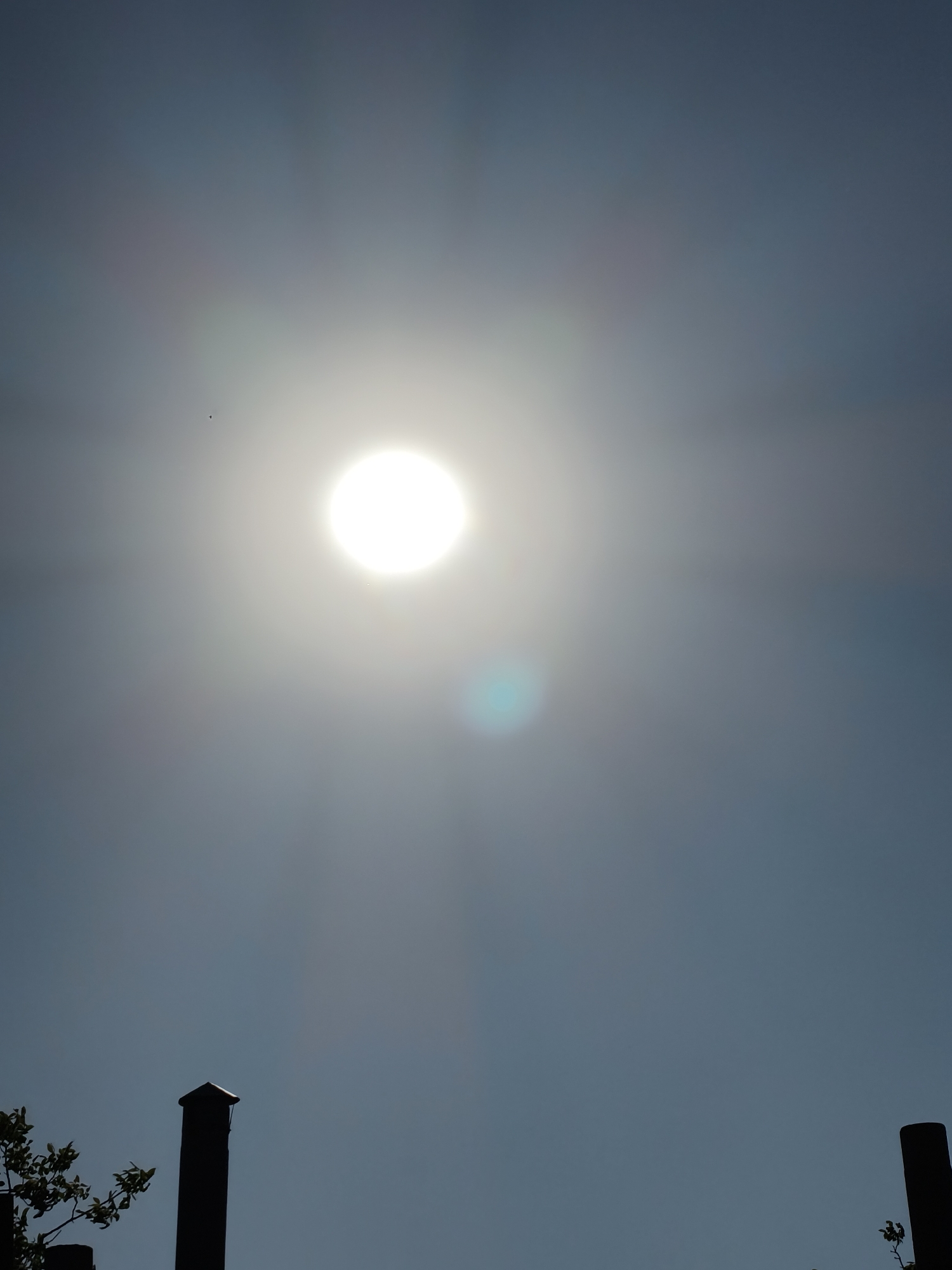 The image shows a bright sun in a hazy, light blue sky. At the bottom of the frame, there are silhouettes of what appear to be chimneys or pipes and some foliage. A small dark object, possibly a bird, is visible in the sky to the left of the sun. The scene does not provide enough information to determine its location in Kryvyi Rih, Ukraine.