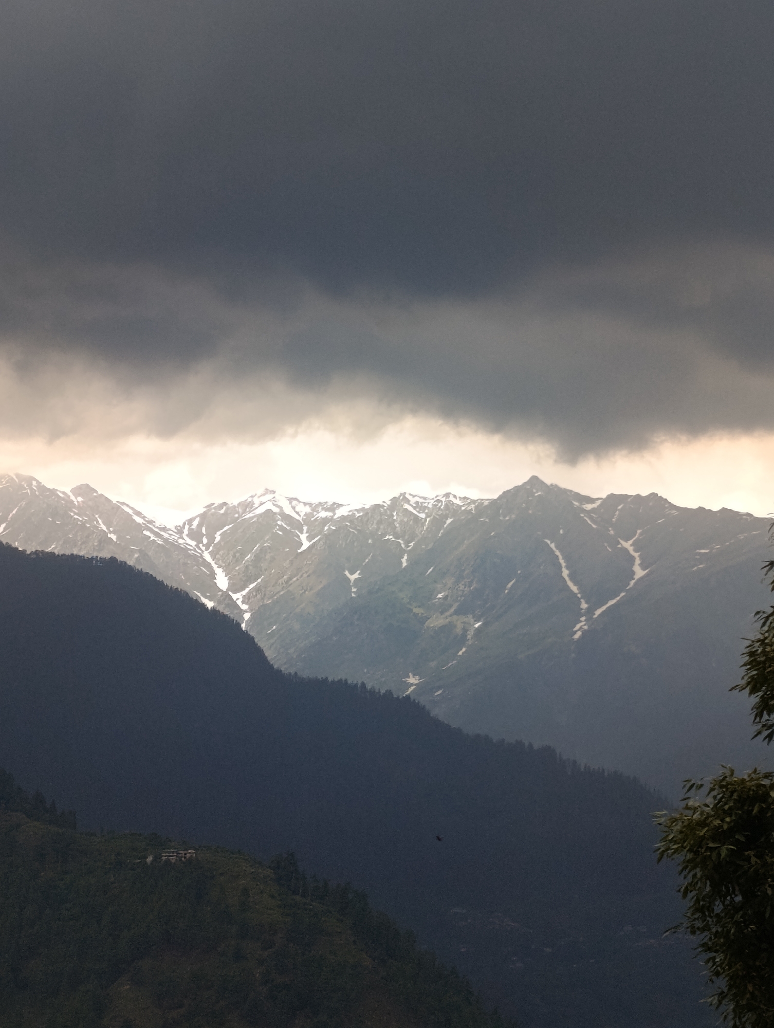 This is a dramatic, vertical-format landscape photograph of a mountainous region, likely in the Himalayas, given the location context of Patar, India. The scene is dominated by a heavy, overcast sky; the upper portion is filled with dark, grey, textured clouds, while a brighter, luminous band of sky or cloud illuminates the distant mountain range just below.
The distant mountains are grand and rugged, featuring prominent snow-capped peaks and visible streaks of white snow and ice along their ridges and in their crevices. These higher peaks appear somewhat hazy, possibly due to atmospheric conditions or distance, yet are distinctly lit by the brighter sky behind them.
In the mid-ground and foreground, a darker, densely forested mountain slope rises prominently from the left, extending towards the center and bottom of the frame. This slope is in deep shadow, making the coniferous trees appear almost silhouetted. On a visible ridge within this forested mountain, a small, light-colored building with a flat roof can be discerned, indicating a subtle sign of human habitation amidst the vast natural landscape.
A small, dark bird is captured in flight, positioned against the shaded forest slope in the middle-left of the image. On the far right edge, dark green foliage from a closer tree partially frames the composition.
The overall impression is one of immense natural beauty and atmospheric grandeur, with the dramatic lighting suggesting either early morning, late afternoon, or an impending weather event. There is no visible text in the image.