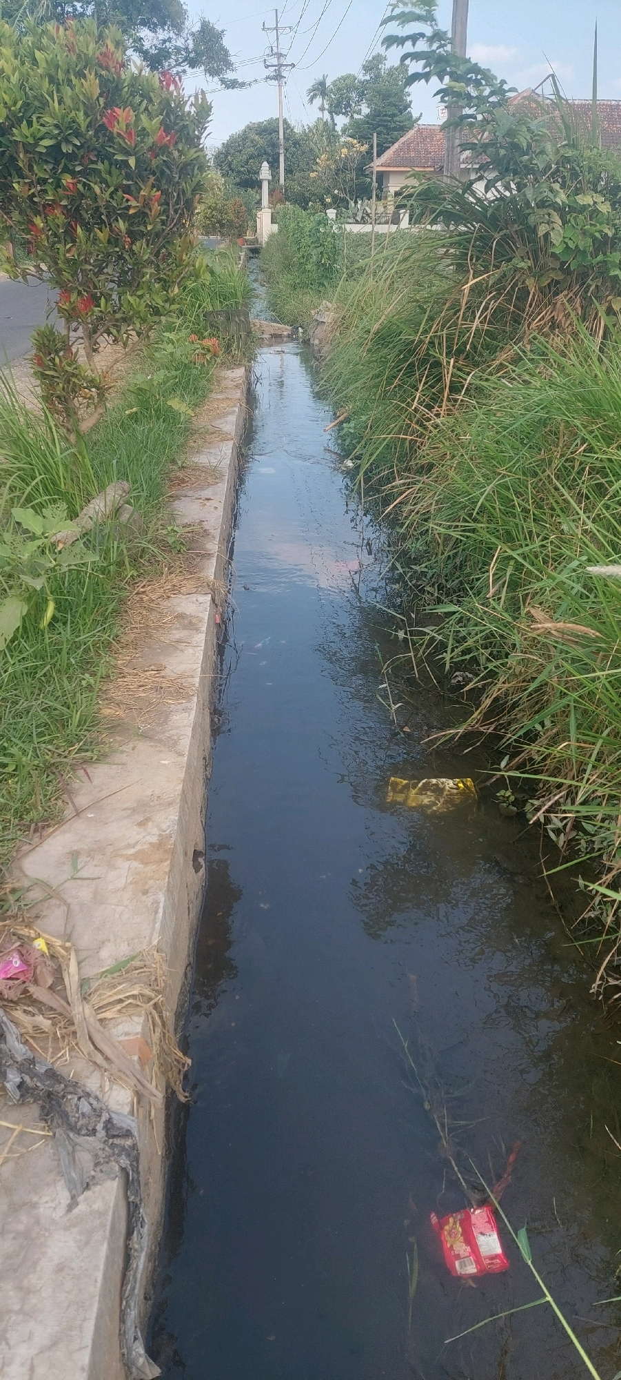 A narrow, dark-colored drainage ditch runs through a rural area in Sumbersuko, Indonesia. The ditch is lined with concrete on the left side and overgrown with tall, green grass on the right. A small tree with red-tinged leaves grows on the left bank near the road. Several pieces of litter, including a red box of what appears to be food packaging and a yellow object, are visible in the water. In the background, a house with a tiled roof and utility poles are present, suggesting the ditch is located near a residential area. The sky is overcast.