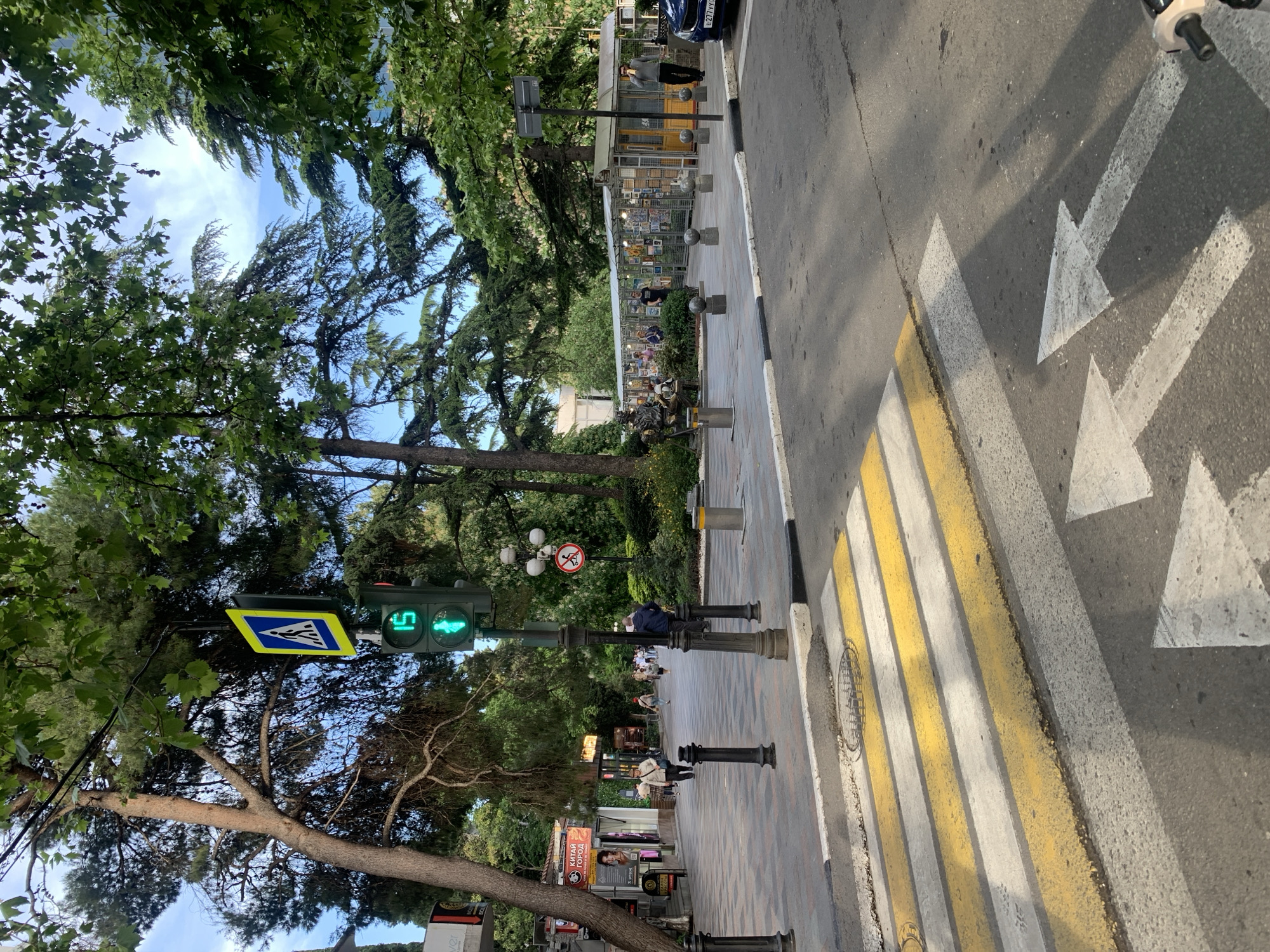 The image depicts a street scene, likely in a city or town, with pedestrians, trees, and street furniture. The camera is positioned near a crosswalk with yellow and white stripes. White arrows painted on the road surface indicate the direction of traffic.
A pedestrian crossing signal is visible, displaying a green figure indicating it is safe to cross. The signal also shows the number "5", potentially representing seconds remaining for the crossing.
On the sidewalk, a line of black bollards runs parallel to the street. Trees are abundant, with branches overhanging the street and sidewalk.
People are present on the sidewalk, some walking and others seated on benches. A kiosk or small shop selling what appears to be artwork or photographs is visible. A parked car is partially visible in the upper right corner of the image.