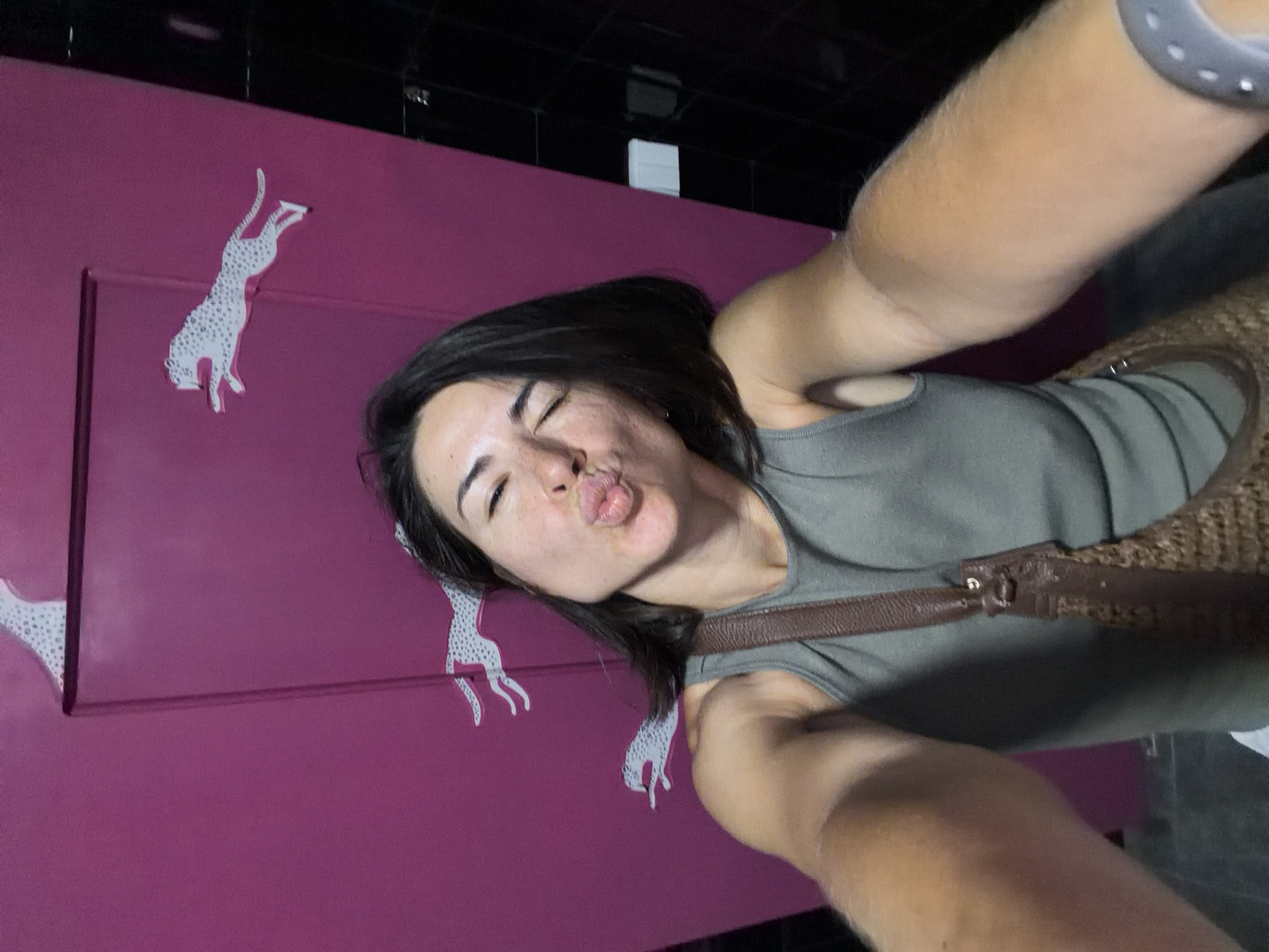 A woman with dark hair and freckles takes a selfie in front of a pink wall decorated with white cheetah cutouts. She is wearing a grey tank top and a brown crossbody bag. The background features the pink wall on the left and a dark, tiled wall on the right. The scene appears to be indoors, possibly in a restroom or dressing room, and the woman is making a kissing face. The location is not specified in the image or provided information.