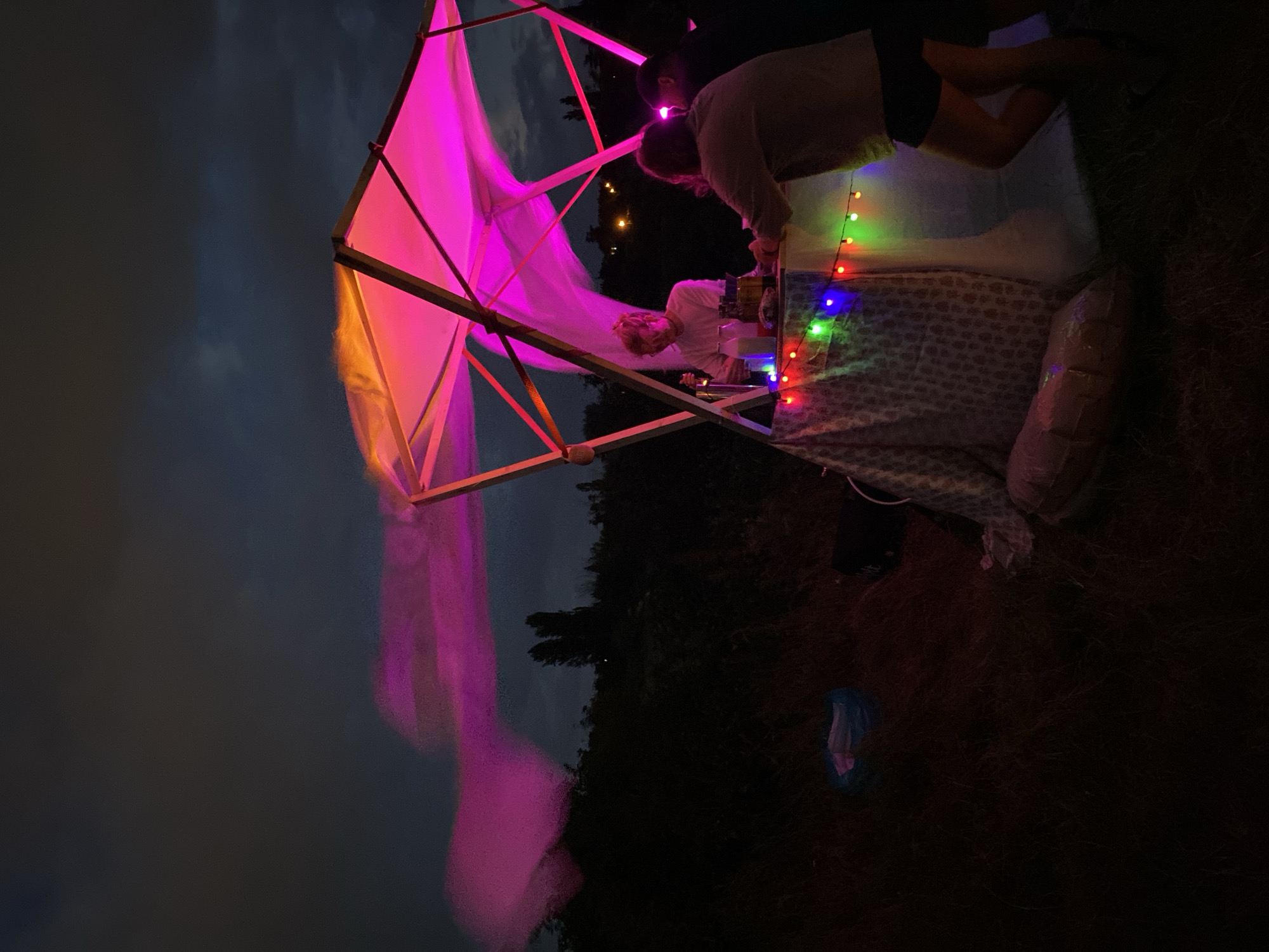 The image depicts a nighttime outdoor scene with a temporary bar set up under a geometric canopy illuminated with vibrant pink and orange lights. The canopy is a lightweight structure with fabric stretched over a frame, creating a roof. A person stands behind the bar, appearing to be preparing drinks, with various bottles and containers visible on the counter. Several other individuals are present, interacting with the person at the bar or standing nearby. Colorful string lights are draped around the bar area, adding to the festive atmosphere. The background consists of dark foliage and trees, with a hint of distant city lights suggesting an urban or semi-urban environment. The overall lighting is dim, with the artificial lights of the bar being the primary illumination sources. The image does not provide any specific visual cues that can identify the location as Tbilisi, Georgia.