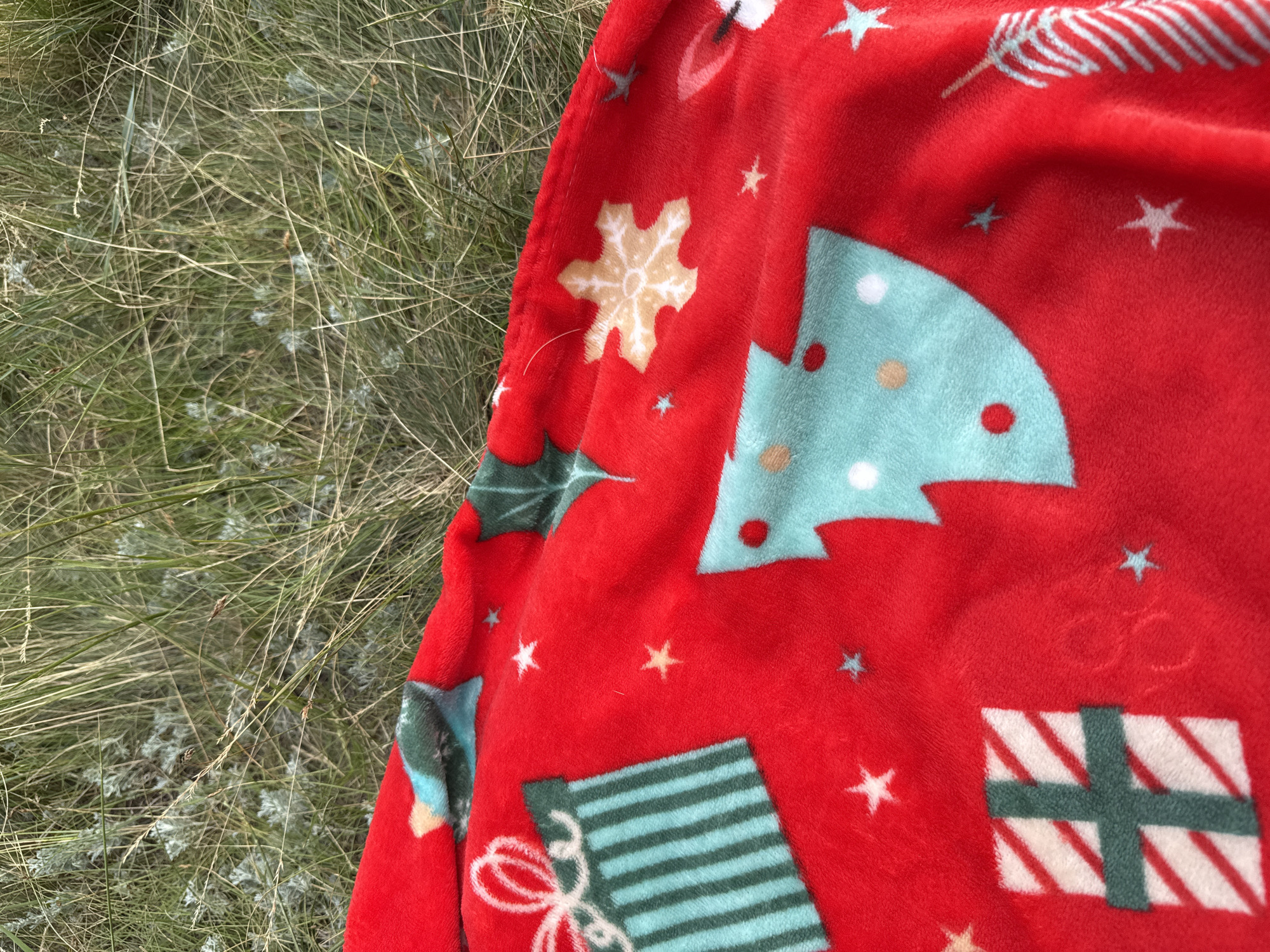 The image shows a red blanket with a Christmas-themed pattern lying on dried grass. The pattern features green Christmas trees with colorful dots, snowflakes, gift boxes, and white stars scattered across the red fabric. The blanket is partially covering a patch of dry, light-green grass and some sparse, wispy vegetation. The lighting suggests it might be daytime, and the overall setting appears to be outdoors, possibly in a natural or grassy area. There is no text visible in the image.