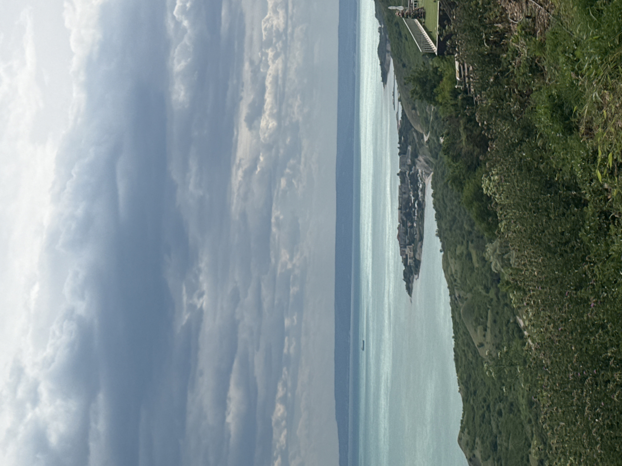 The image shows a body of water with land on the right side covered with green vegetation. Buildings are visible along the shoreline of the land mass. The sky on the left side of the image is filled with clouds. A thin strip of land is visible in the distance between the water and the clouds. No people are visible. The location is unknown.