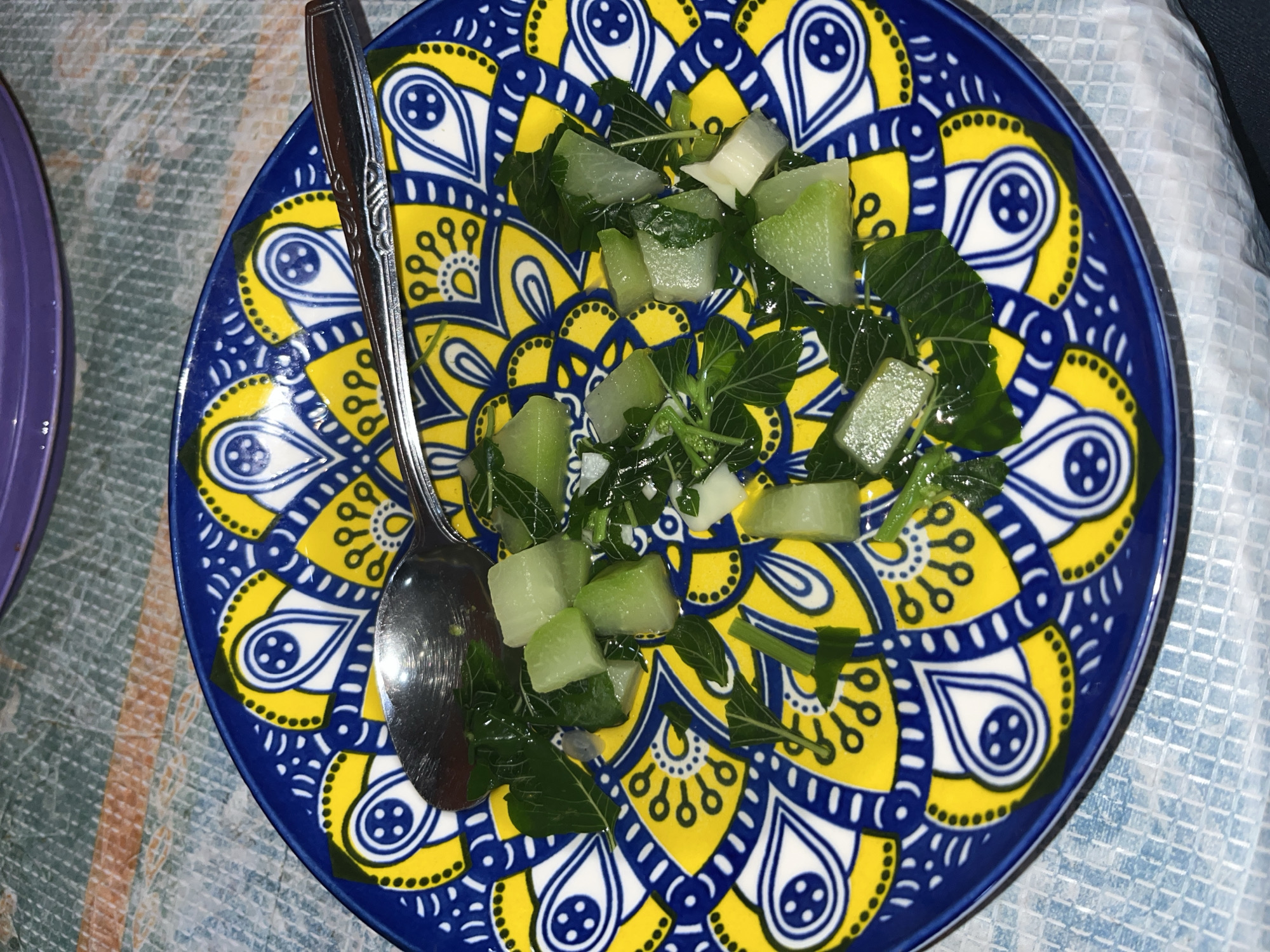 The image shows a close-up view of a blue and yellow patterned plate with a serving of chopped green vegetables and white chayote on it. A silver spoon rests on the edge of the plate, partially covering some of the food. The plate is on a table covered with a patterned tablecloth. The setting appears to be domestic. No people are visible in the image. The scene is lit from above, creating some shadows. The origin of the image is Glagah Kulon, Indonesia.