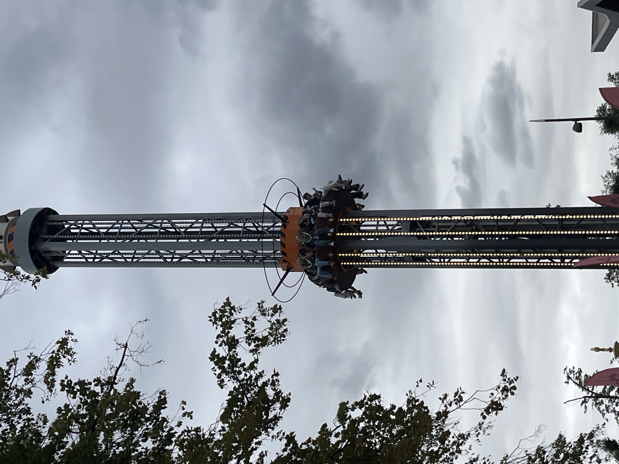 The image shows a tall amusement park drop tower against a cloudy sky. The tower is gray and metallic, with lights running vertically along its sides. A circular platform is suspended near the top of the tower, carrying several people who appear to be enjoying the ride. Trees with green and brown leaves frame the left side of the tower, and two pink flags are visible at the bottom of the image. This scene is located in Moscow, Russia, specifically at the Moscow Central Park of Culture and Leisure named after M. Gorky, also known as Gorky Park.