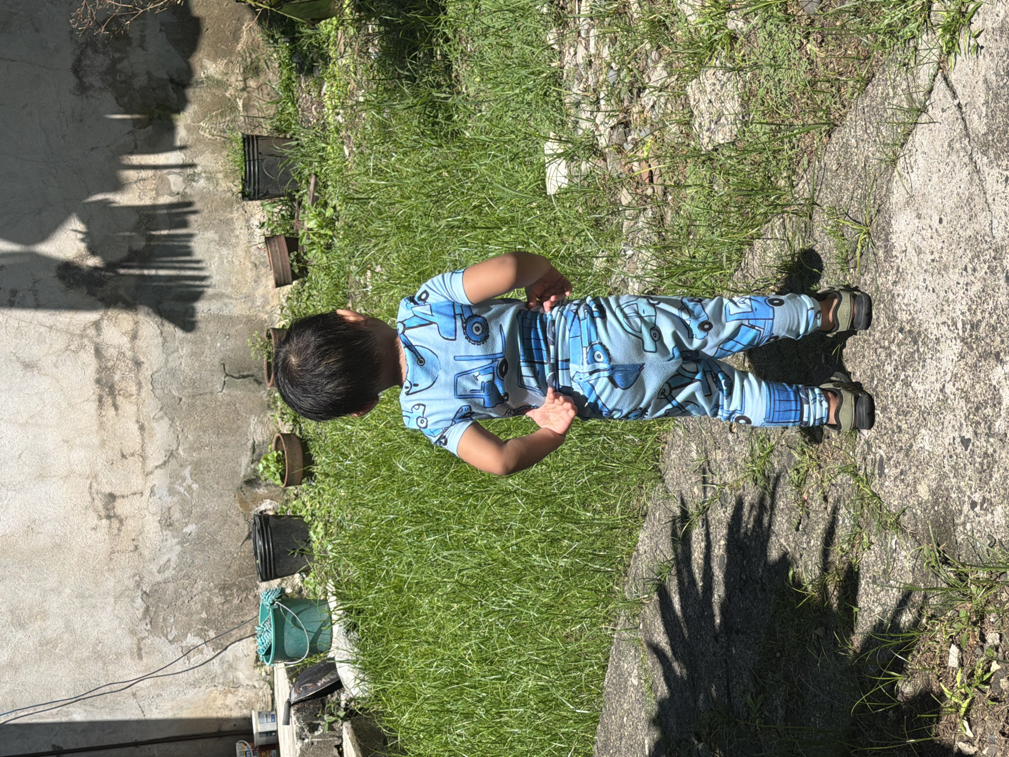 A young child stands with their back to the camera in a grassy yard. The child is wearing a blue pajama set with a repeating pattern of cartoon trucks. The child is barefoot and standing on a concrete path. Behind the child, a weathered concrete wall casts long shadows of palm fronds onto the surface. In the background, several black and green buckets, along with potted plants, are scattered among the grass. The scene appears to be in a residential area, possibly a backyard, given the presence of household items and the general upkeep of the space. This location is consistent with residential areas found throughout Davao City, Philippines.