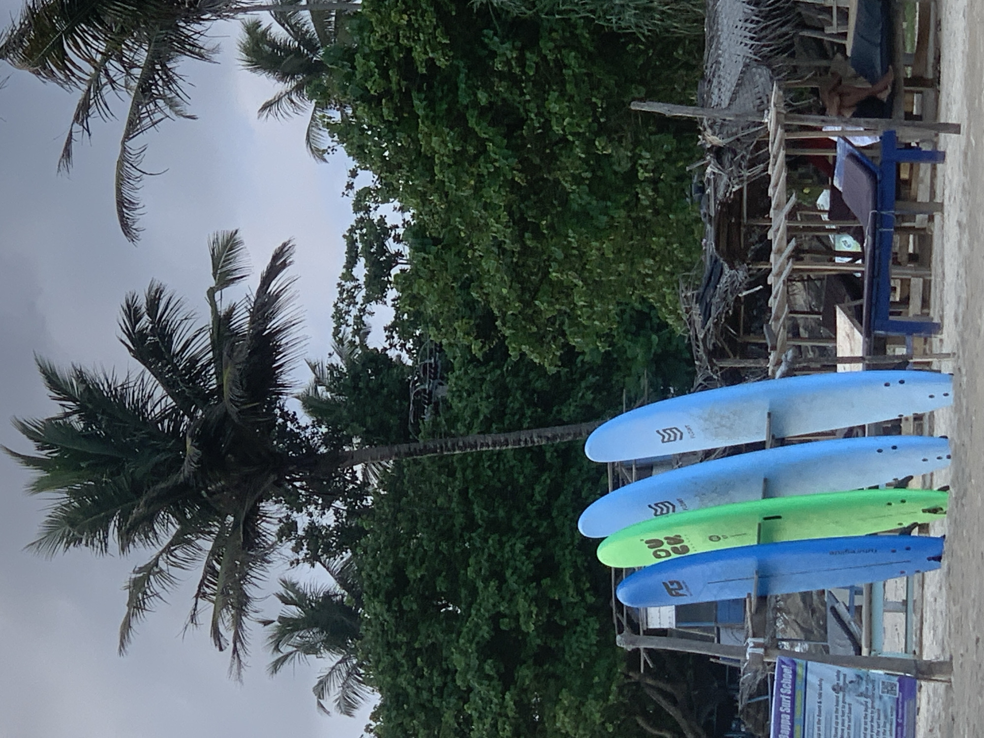 The image shows a beach scene in Kathaluwa, Sri Lanka. Several surfboards of varying colors (blue and green) are stacked on a rack next to a surf school sign. Lush green trees and palm trees dominate the background. A makeshift wooden structure sits behind the surfboards, with a person visible inside. The sky is overcast.
